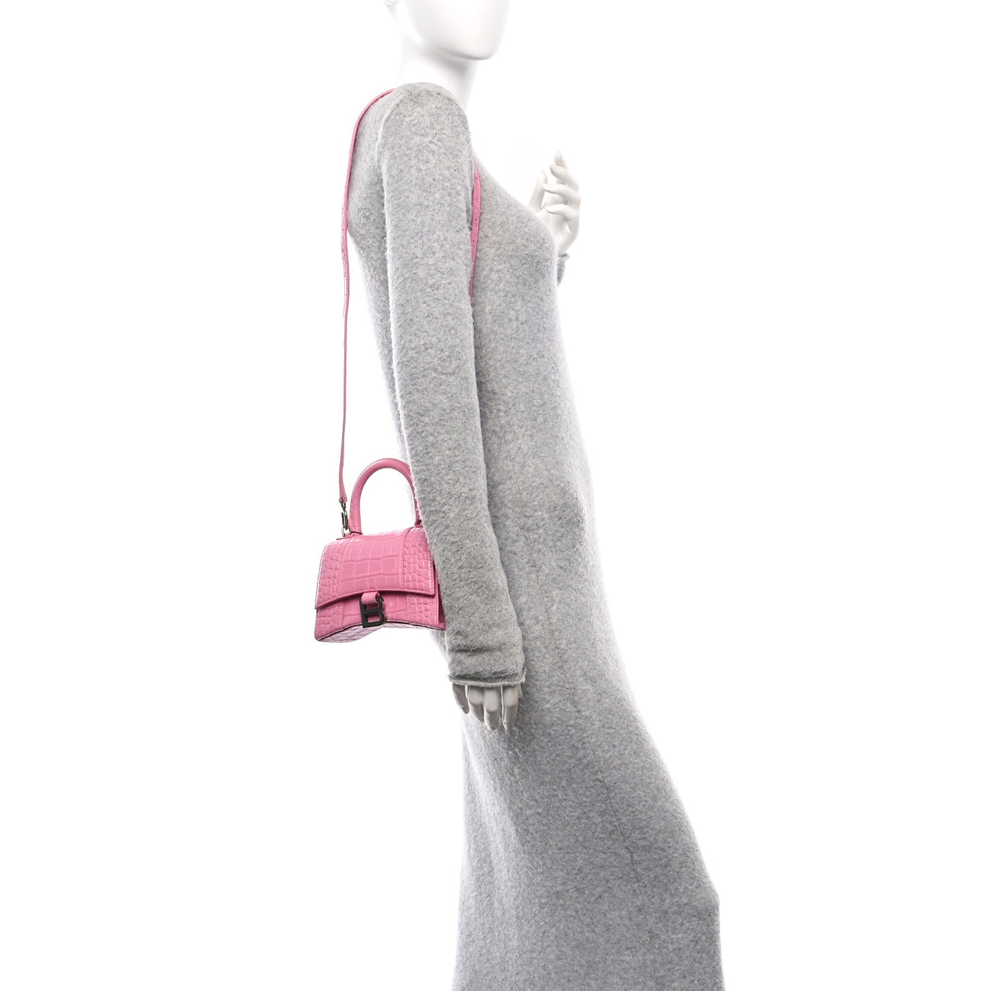 Shiny Calfskin Crocodile Embossed Hourglass Top Handle Bag XS Baby Pink