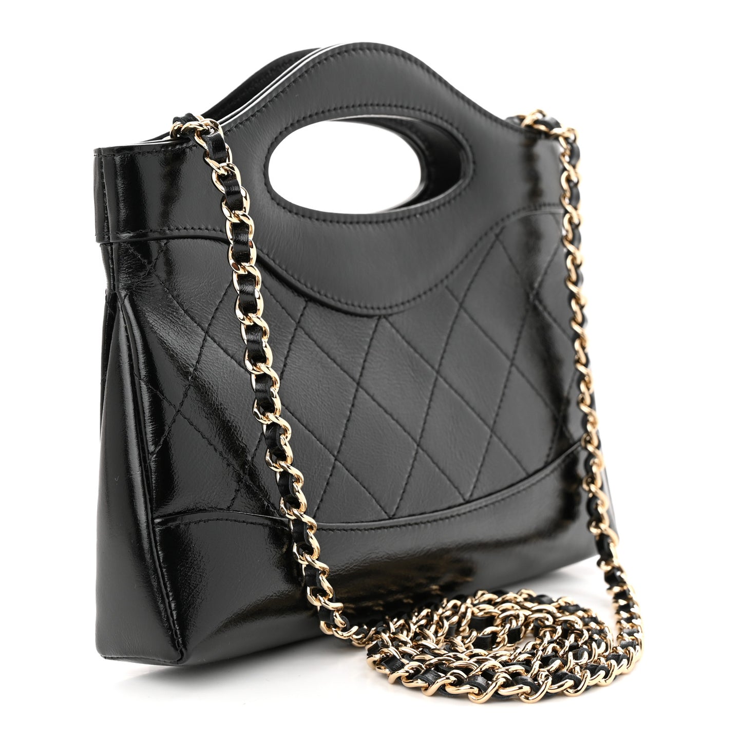 Shiny Crumpled Calfskin Quilted Nano 31 Shopping Bag Black