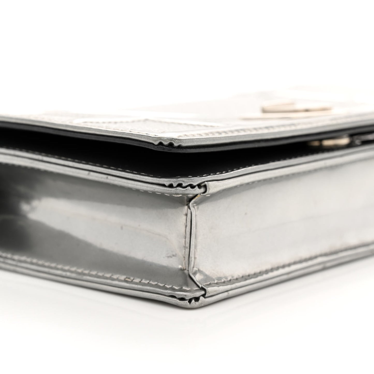 Metallic Patent Micro-Cannage Diorama Wallet on Chain Pouch Silver