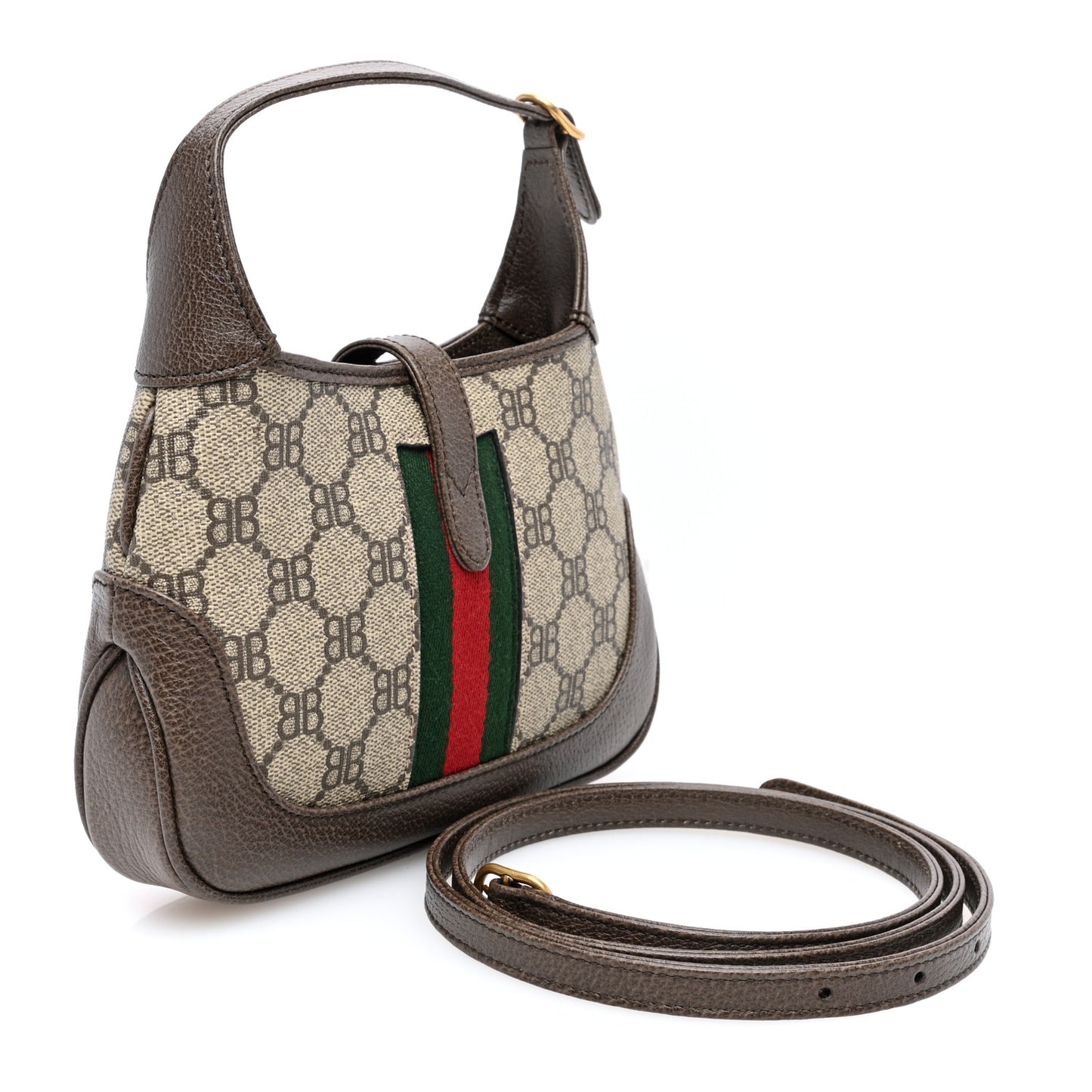 X BALENCIAGA BB Supreme Monogram Calfskin Web Mini Jackie 1961 Hobo Beige Ebony
