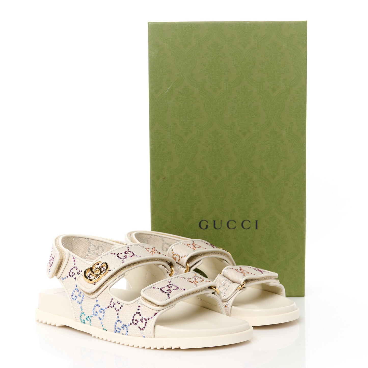 Canvas Lame Crystal GG Monogram Double G Womens Dad Sandals 39 Gardenia Silver Mystic White
