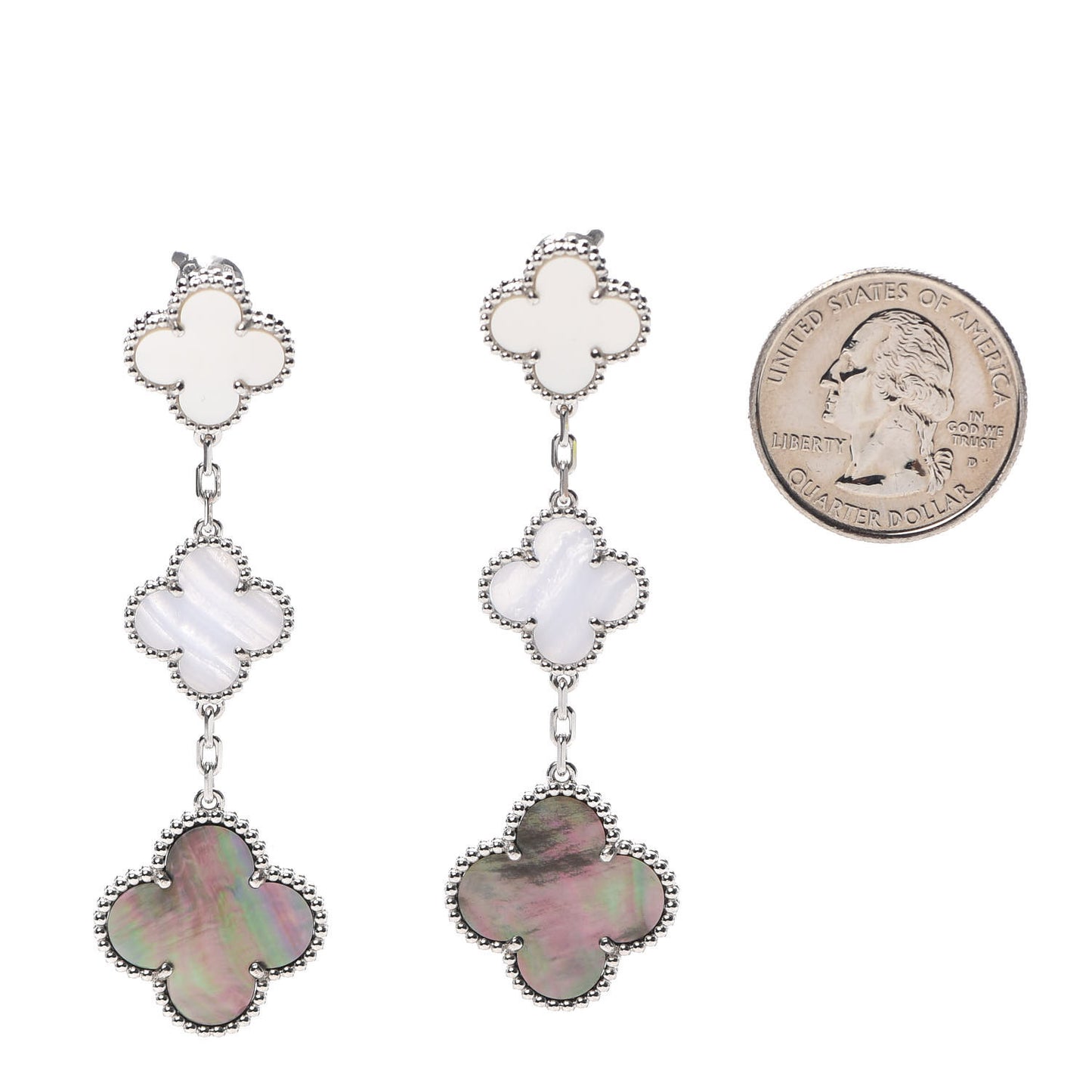 18K White Gold Mother of Pearl Chalcedony 3 Motifs Magic Alhambra Earrings