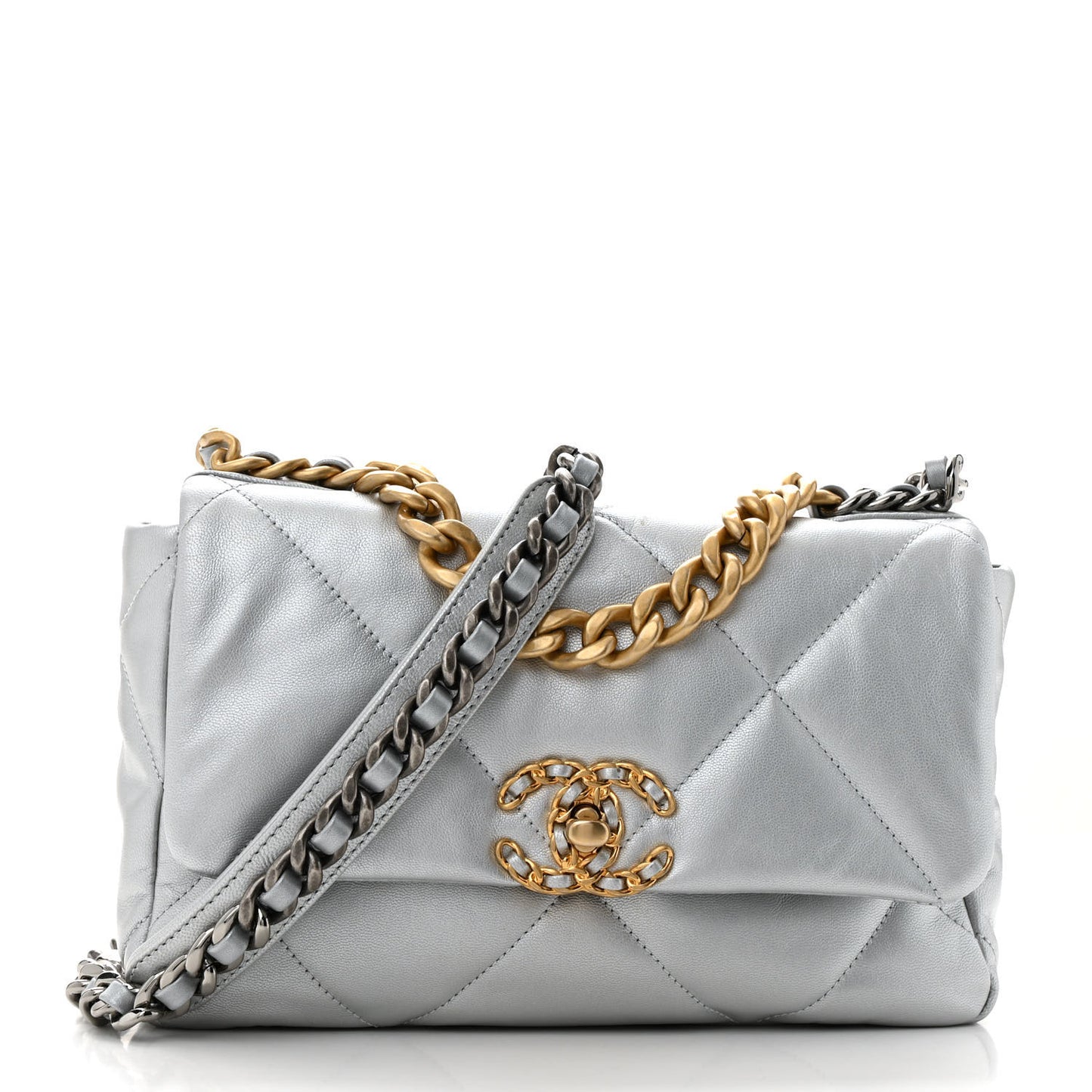 Metallic Lambskin Quilted Medium Chanel 19 Flap Silver