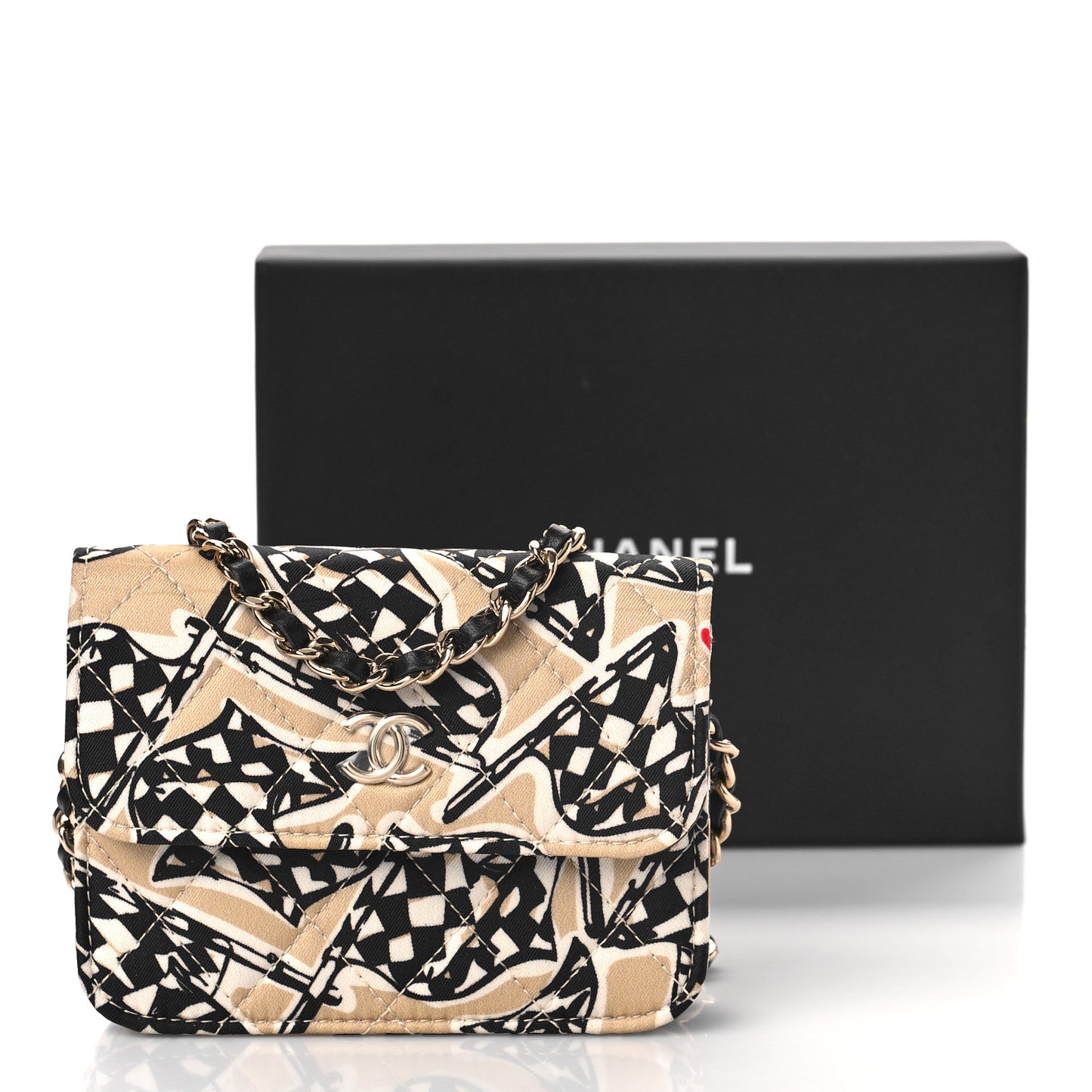 Canvas Check Flag Printed CC Clutch With Chain Beige Multicolor