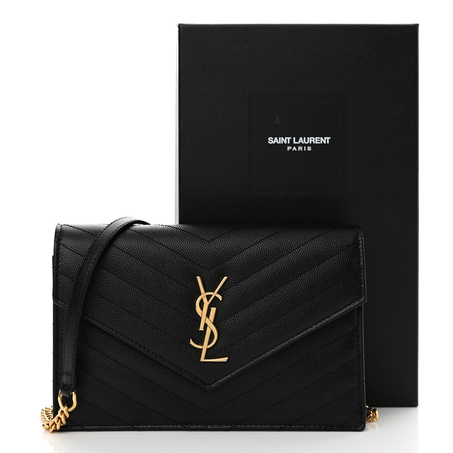 Grain De Poudre Matelasse Chevron Monogram Envelope Chain Wallet Black