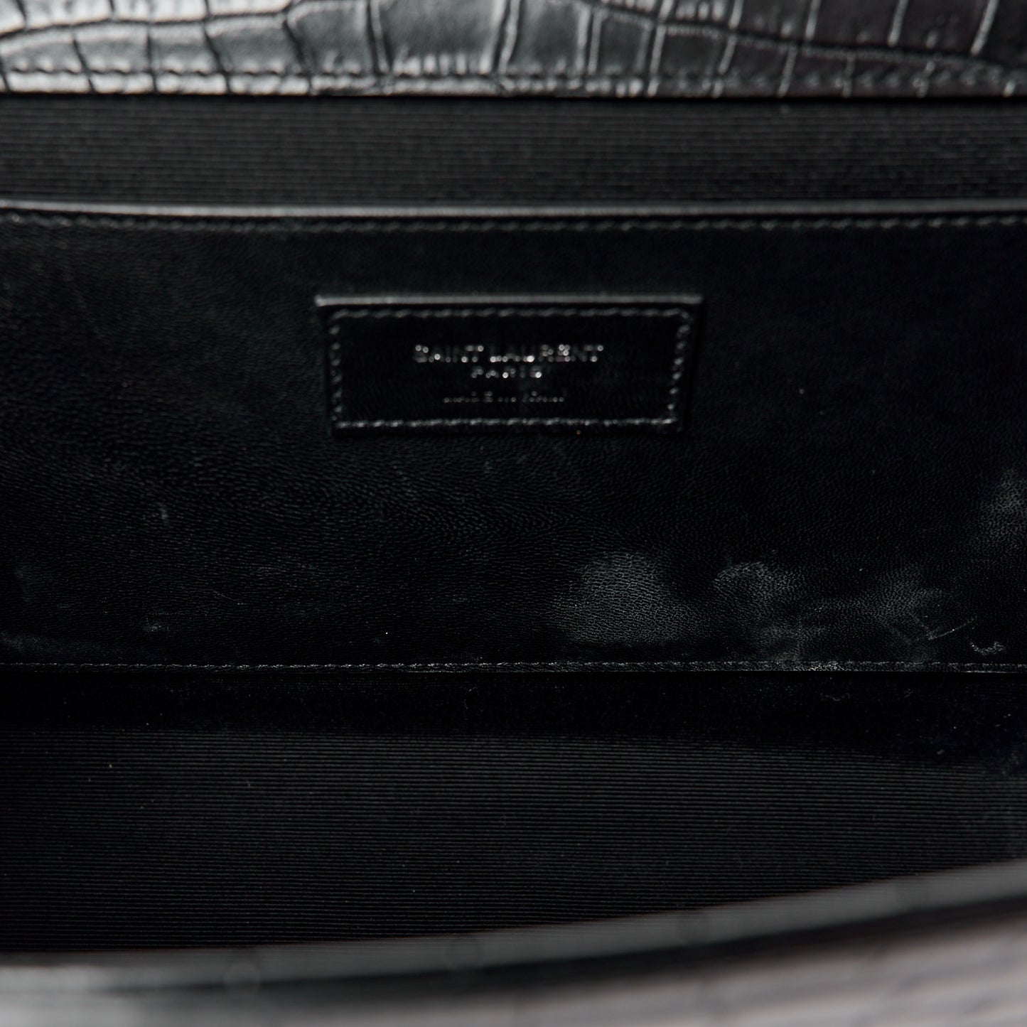 Calfskin Crocodile Embossed Large Classic Monogram Kate Satchel Black