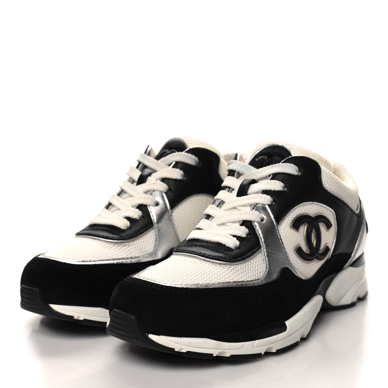 Chanel Mesh Suede Calfskin Grained Calfskin Womens CC Sneakers 35 Black White 3 of 11