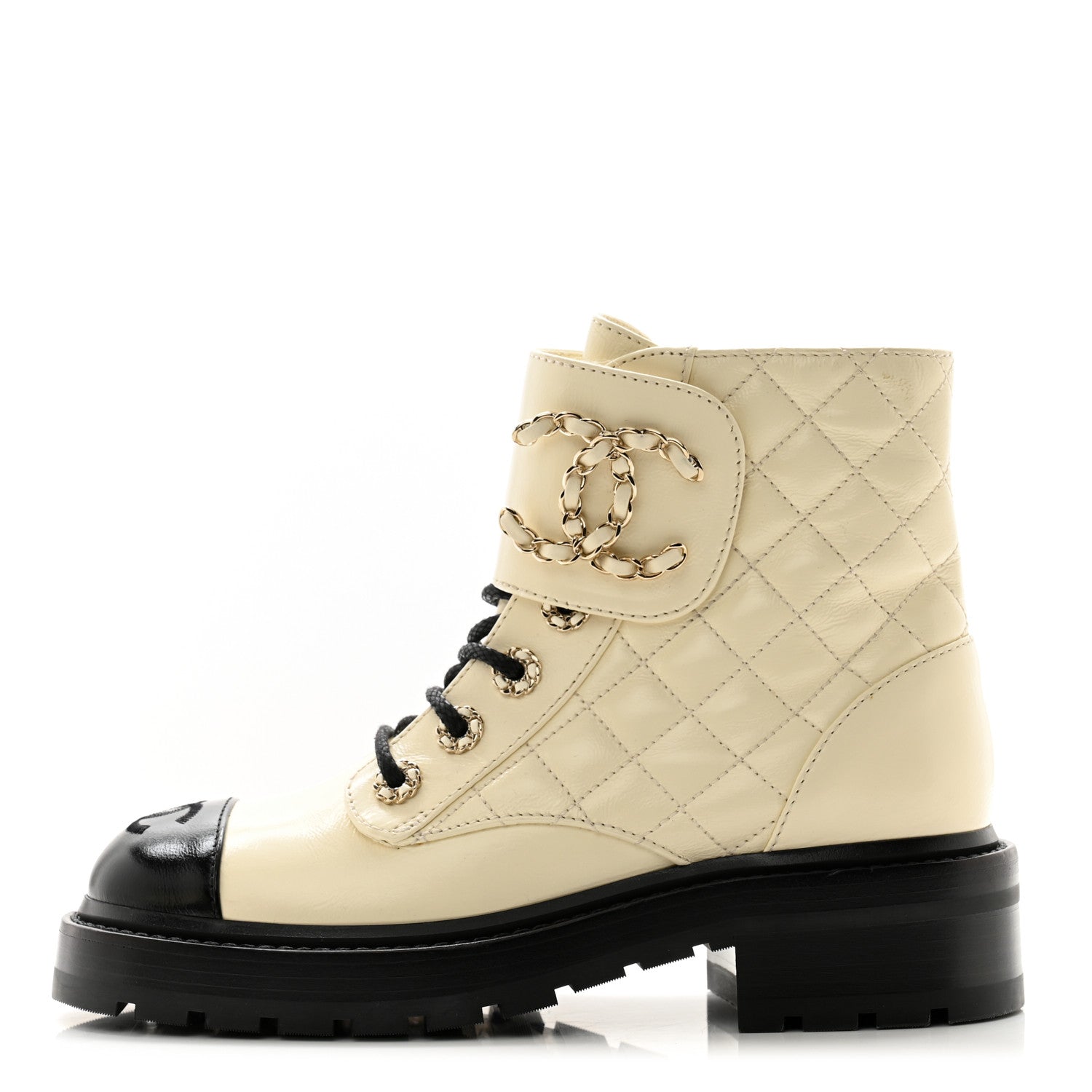 Chanel Shiny Calfskin Quilted Lace Up Combat Boots 35 Ivory Black