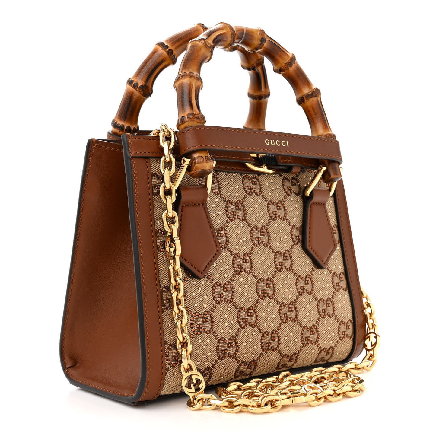 New Canvas Charisma Calfskin Crystal GG Monogram Mini Diana Tote Bag Camel Ebony