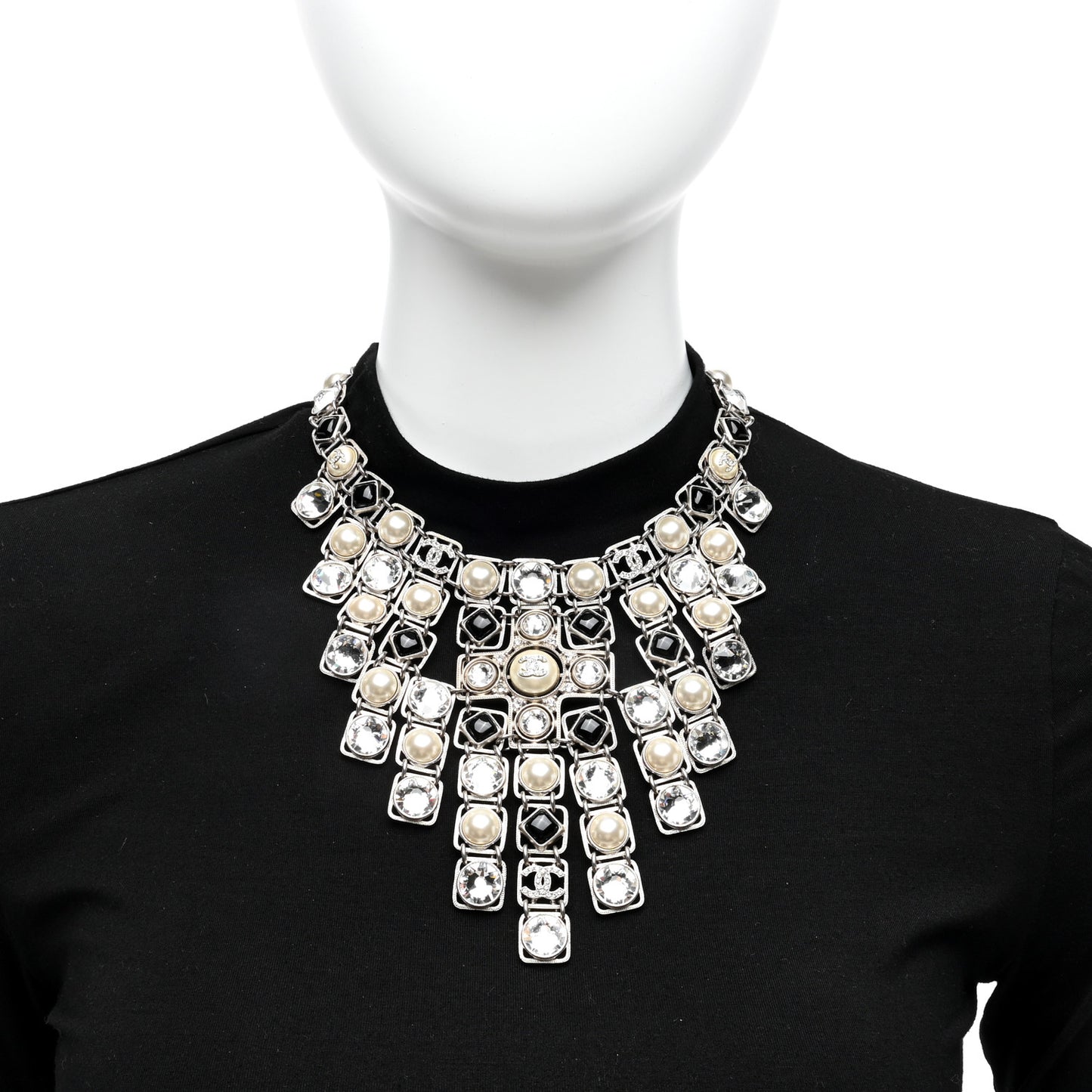 Crystal Pearl Resin CC Necklace Silver Black