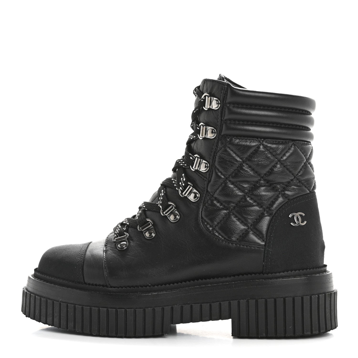 Chanel Calfskin Grosgrain Quilted Lace Up Boots 35.5 Black Grey