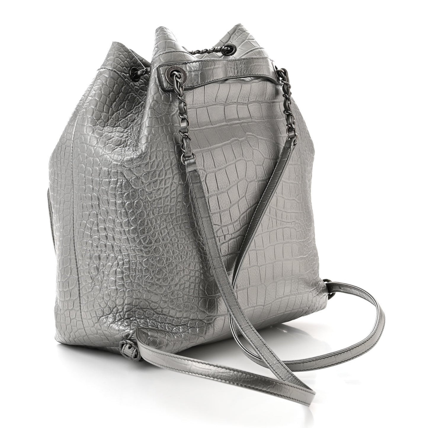 Metallic Calfskin Crocodile Embossed Large Backpack Silver