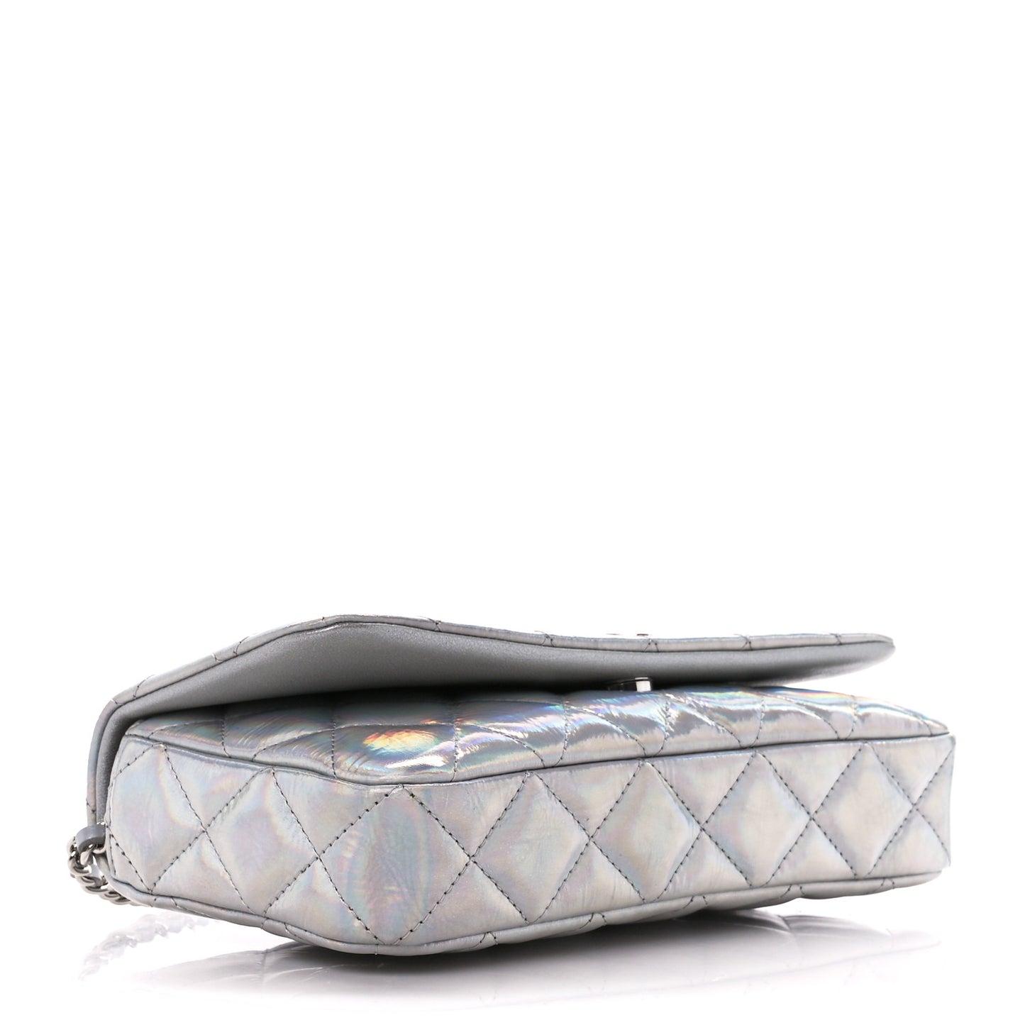 Iridescent Mirror Goatskin Quilted Clutch With Chain Silver