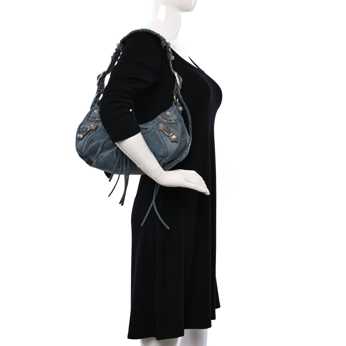 Washed Frayed Denim Crystal Small Le Cagole Shoulder Bag Blue