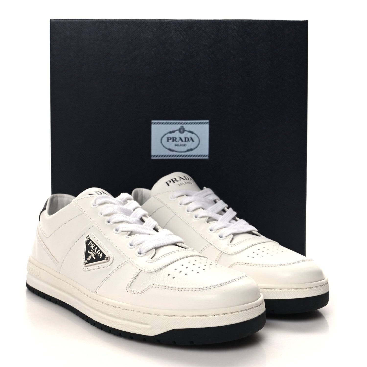 Prada Vitello Rois Triangle Womens Downtown Low Top 30mm Sneakers 41 White Black 10 of 10