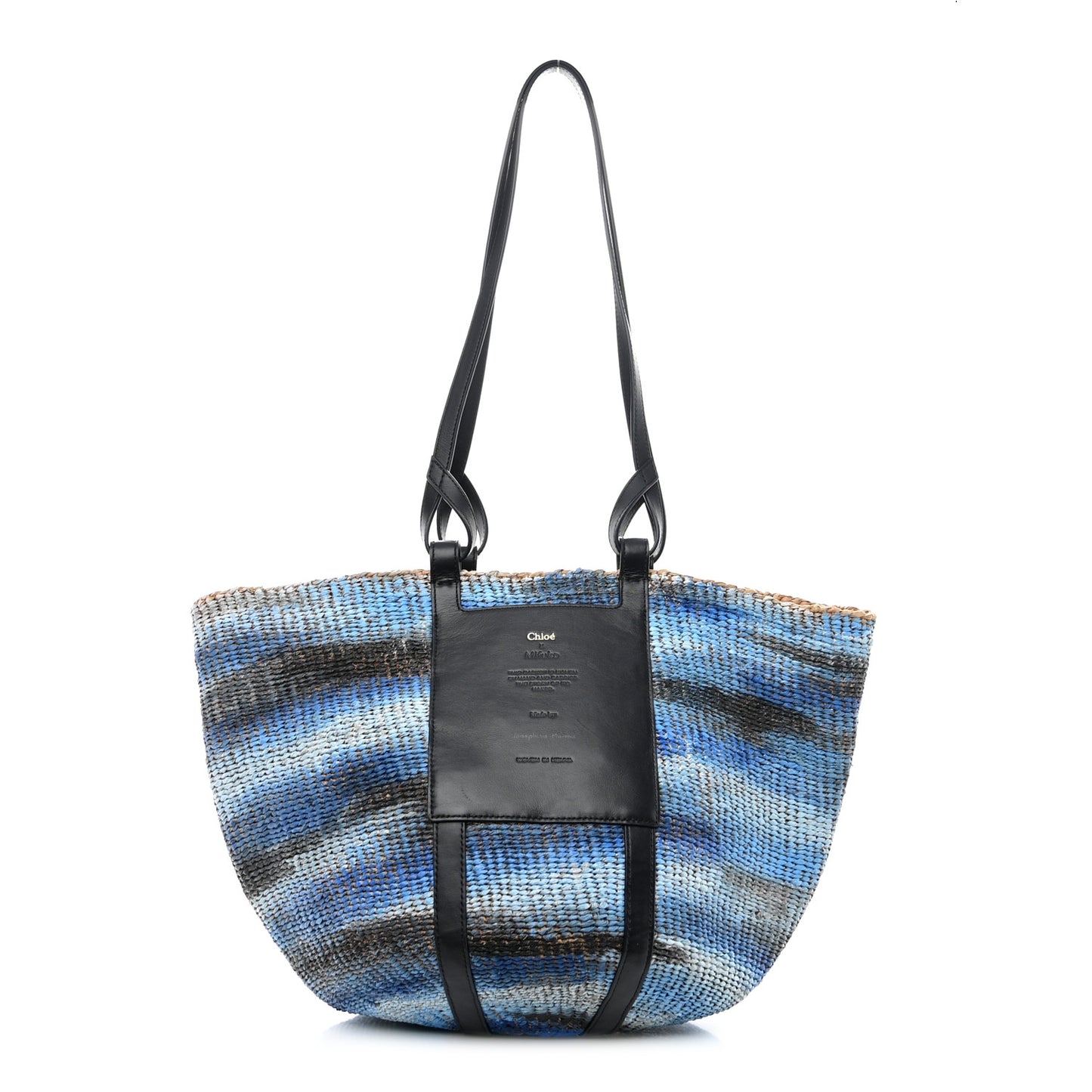 Raffia Calfskin Large Basket Tote Blue Multicolor