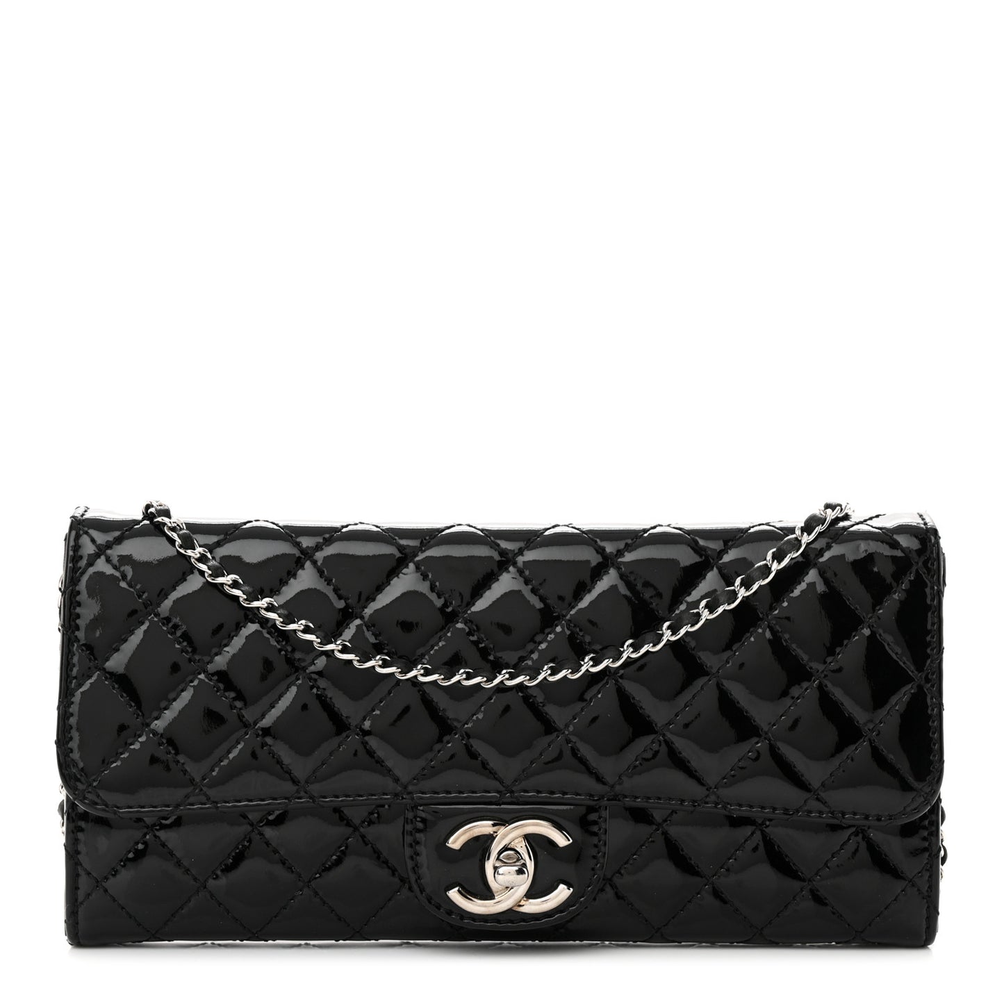 Patent Calfskin Quilted Flap Clutch With Chain Black