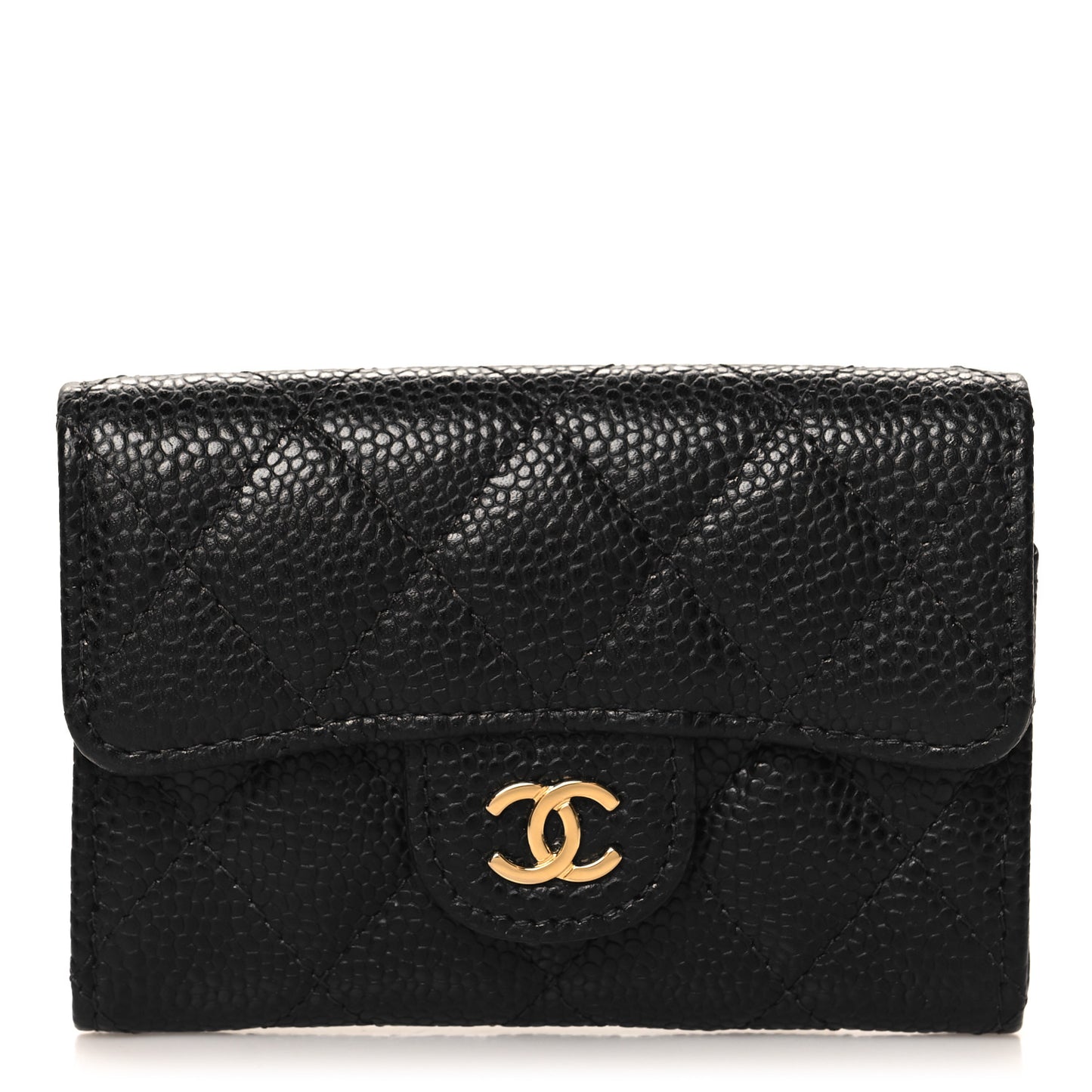 Caviar Quilted Flap Card Holder Wallet Black