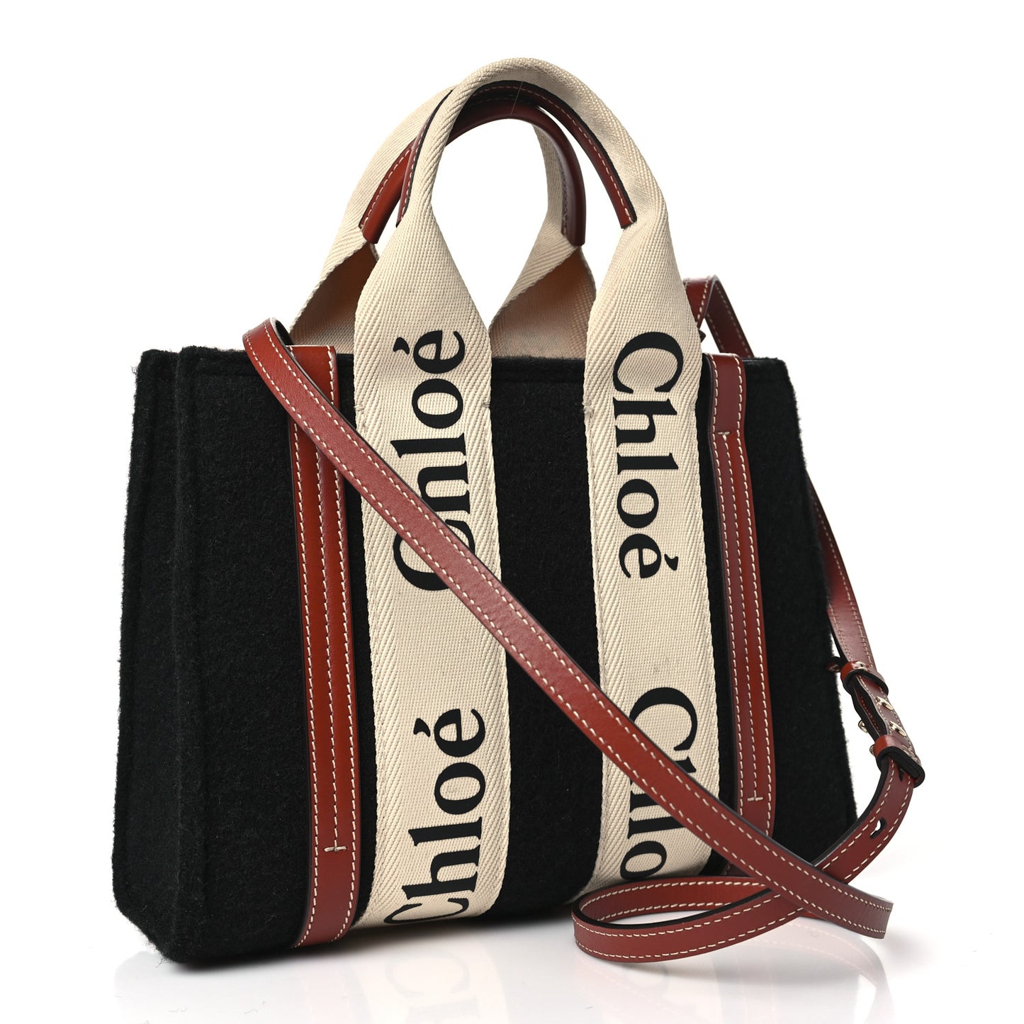 Felt Calfskin Small Woody Ribbon Tote With Strap Black