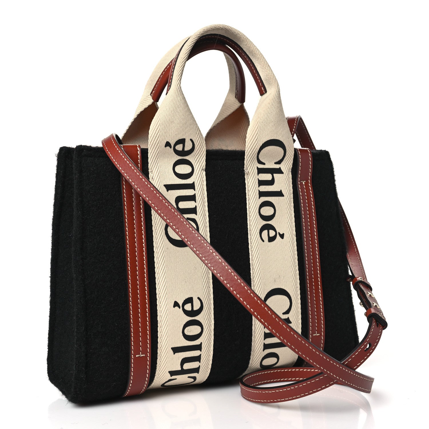Chloe Felt Calfskin Small Woody Ribbon Tote With Strap Black 3 of 11
