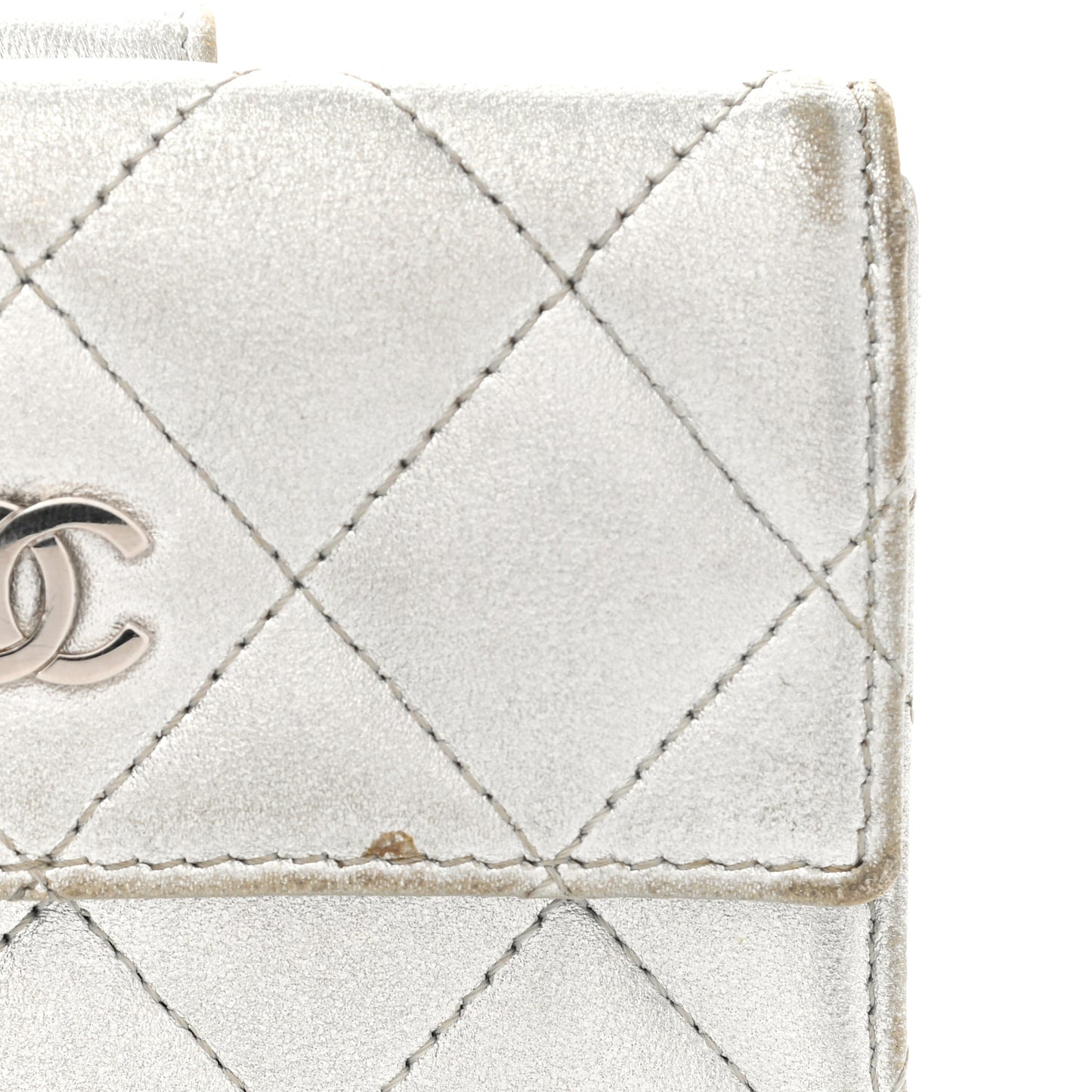 Metallic Lambskin Quilted Compact French Flap Wallet Silver