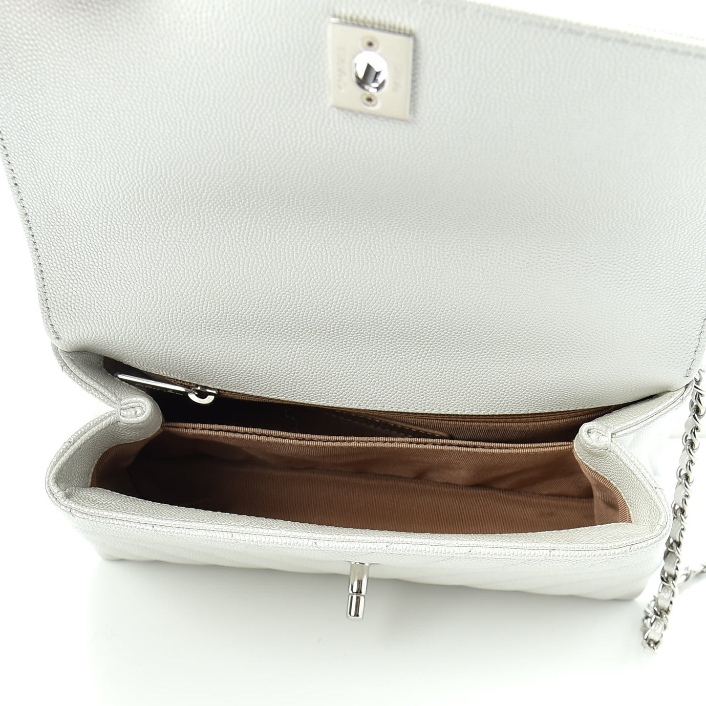 Iridescent Caviar Chevron Quilted Mini Coco Handle Flap White