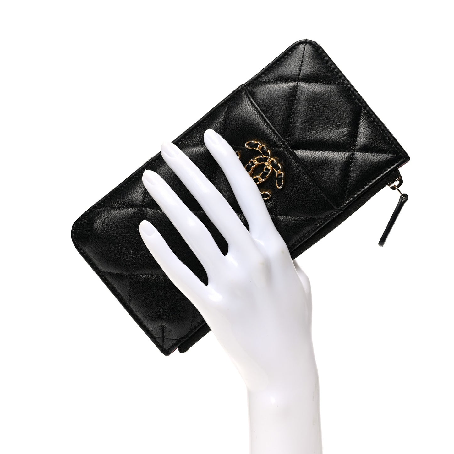 Shiny Goatskin Quilted Chanel 19 Phone and Card Holder Black