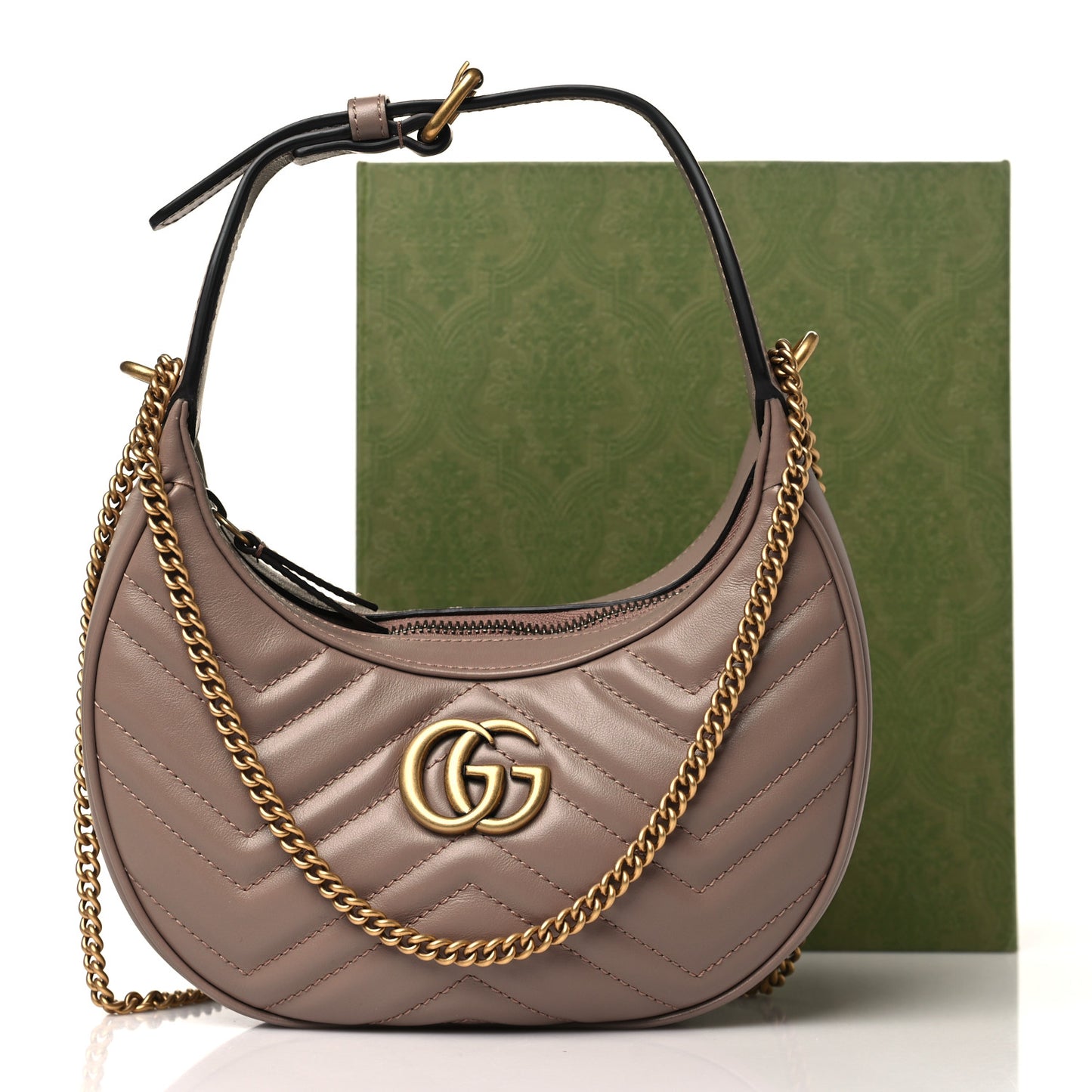 Calfskin Matelasse Chevron Mini GG Marmont Half Moon Hobo Porcelain Rose