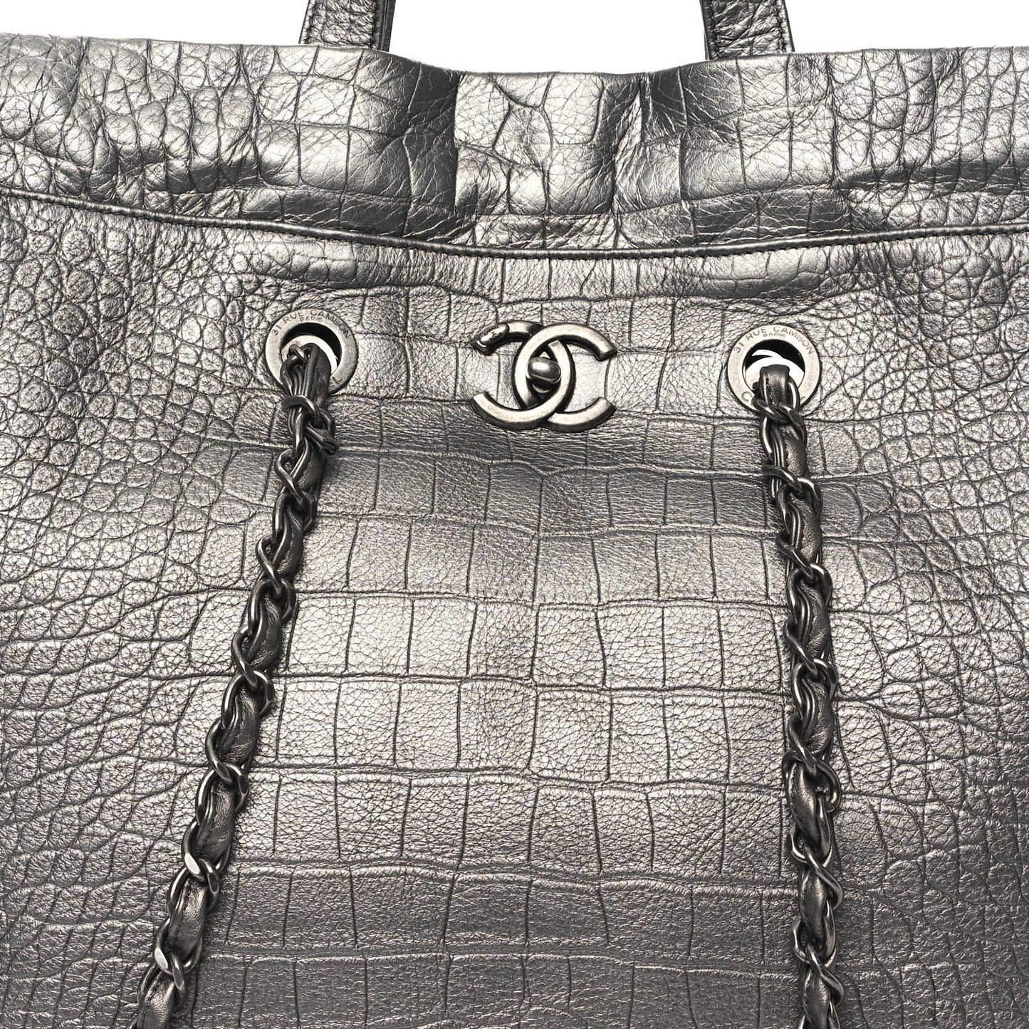 Calfskin Crocodile Embossed Large Cocodile Shopping Tote Silver