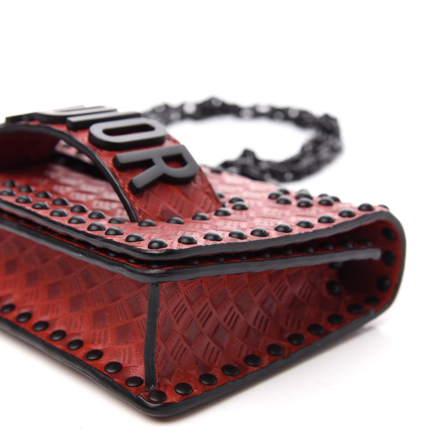 Calfskin Embossed Cannage Studded Mini J'Adior Chain Flap Bag Red