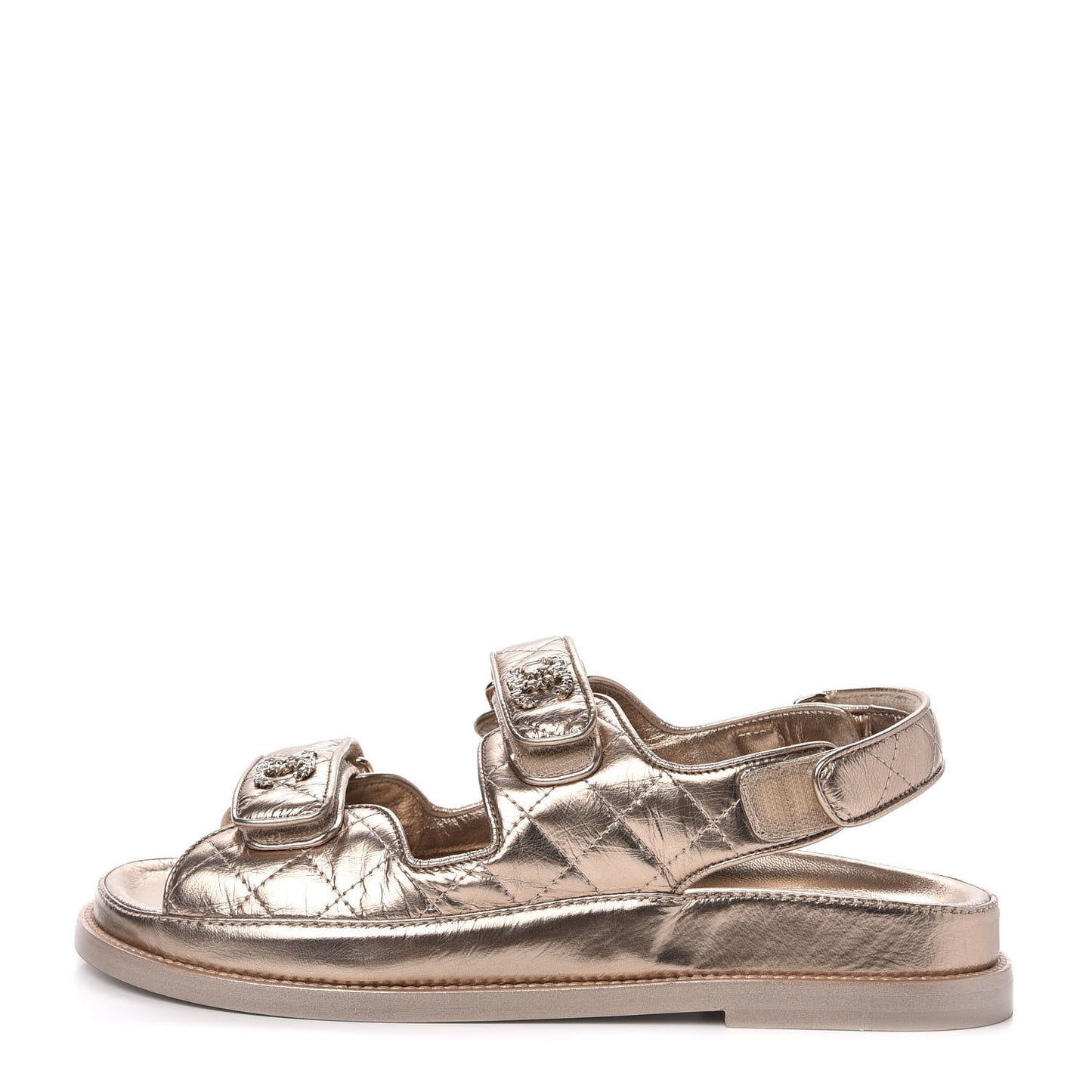 Iridescent Lambskin Quilted Velcro Dad Sandals 38 Light Bronze