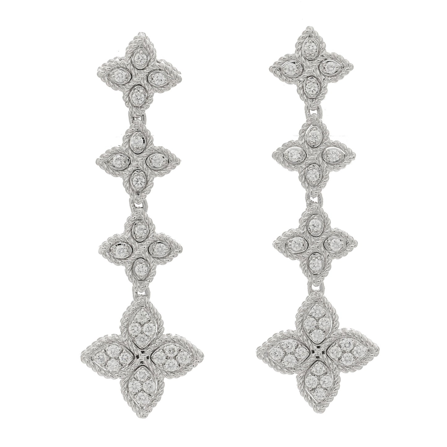 18K White Gold Diamond Princess Flower Three Station Drop Earrings