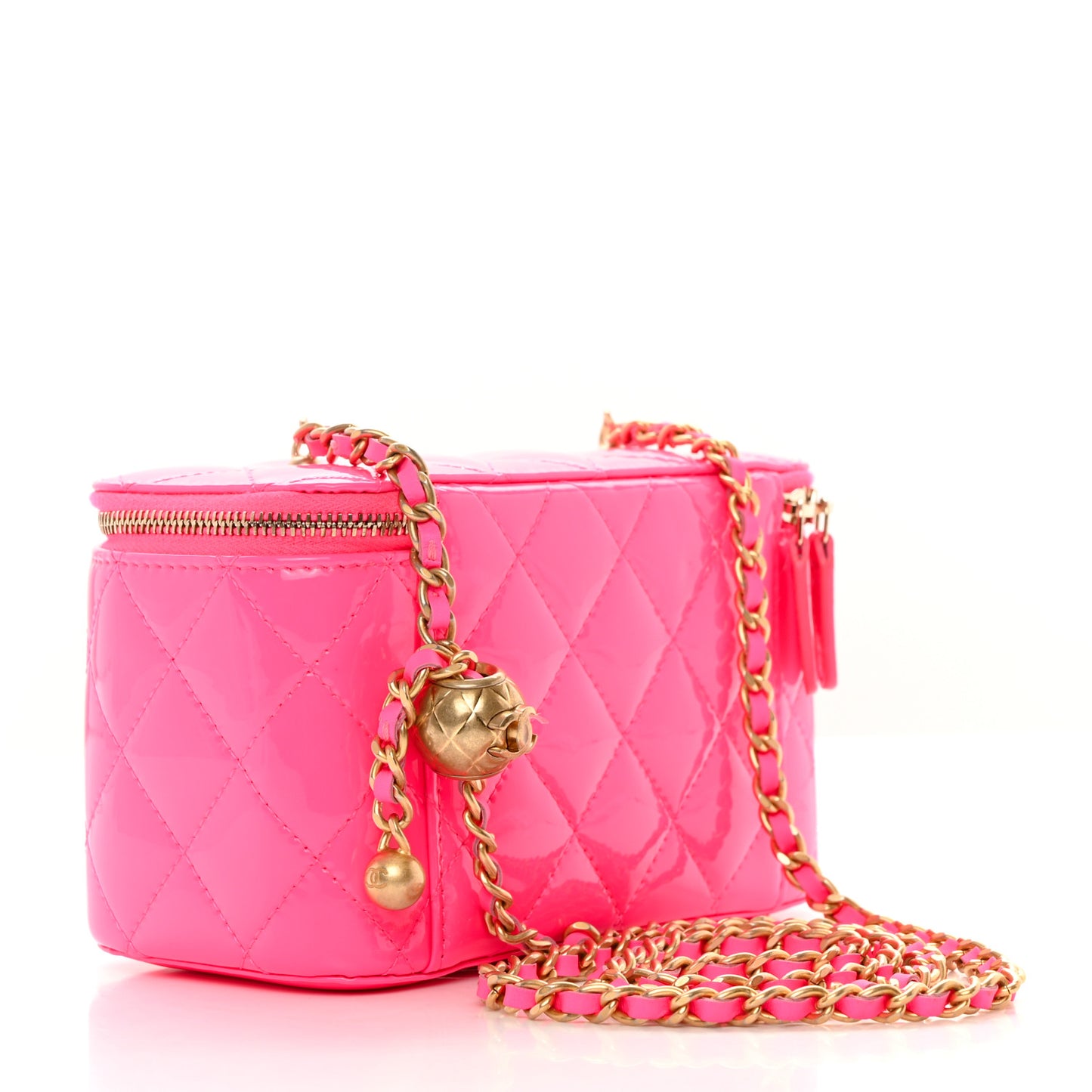 Patent Quilted Pearl Crush Small Vanity Case With Chain Neon Pink