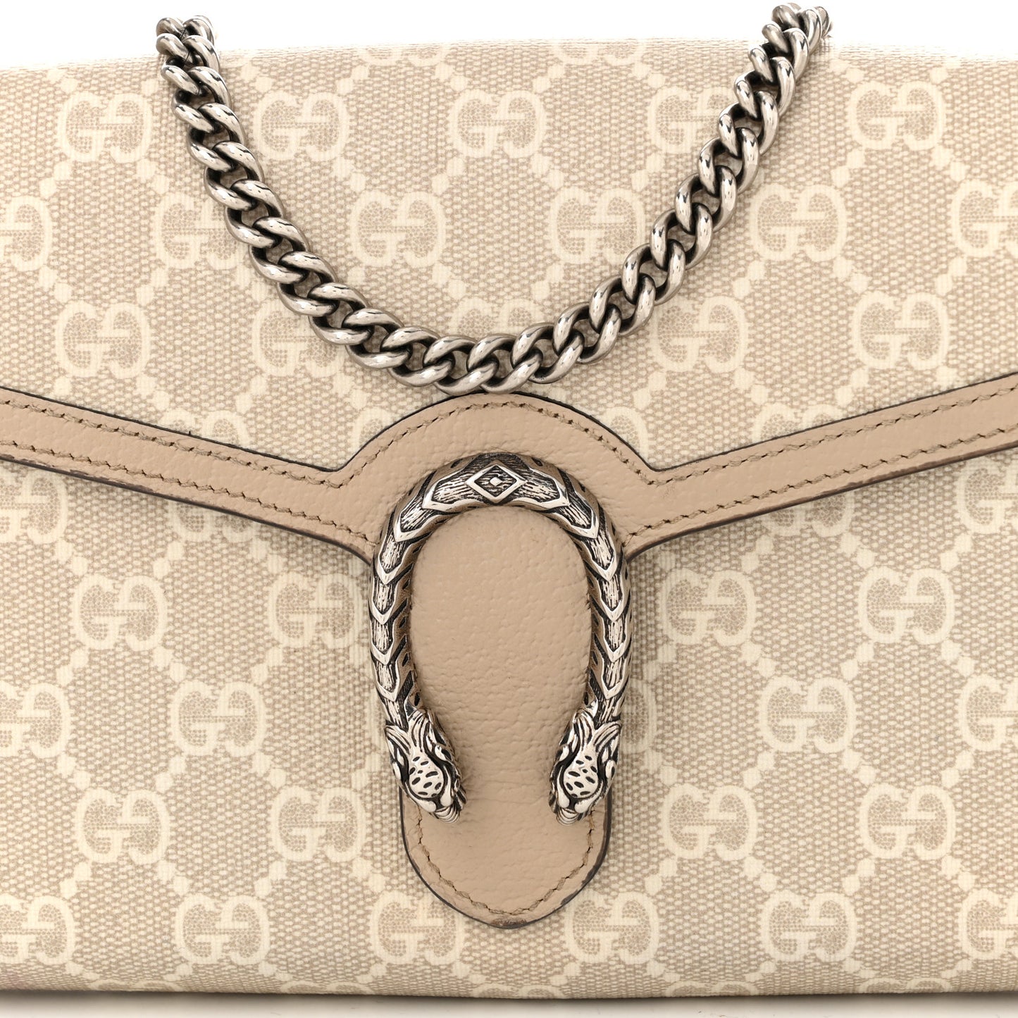 GG Supreme Monogram Textured Dollar Calfskin Mini Dionysus Chain Wallet Beige Mystic White Oatmeal
