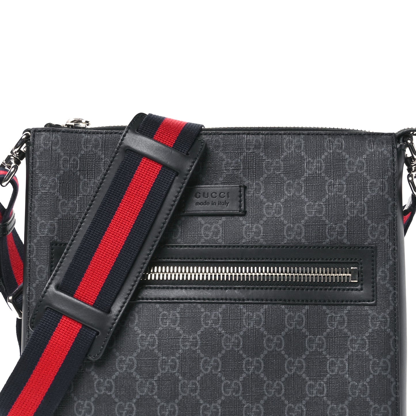 GG Supreme Monogram Appia Calfskin Web Flat Messenger Bag Black Grey