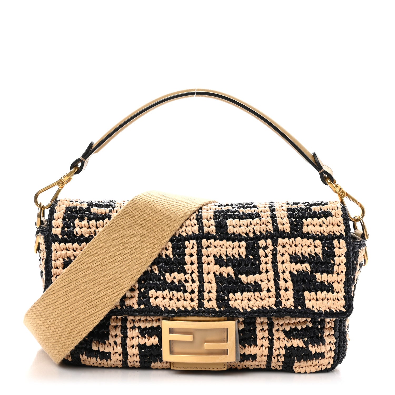 Fendi Raffia Vitello Grace FF Crochet Baguette Natural Black