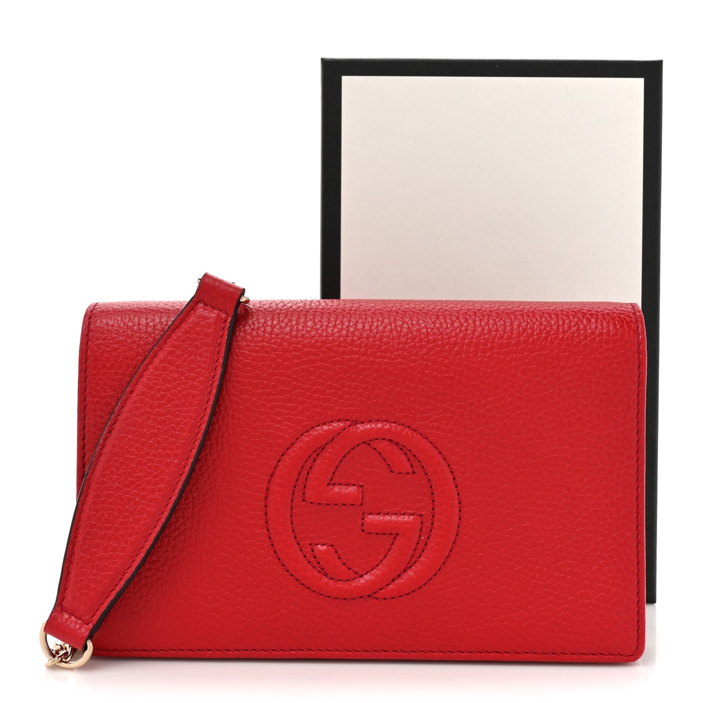 Pebbled Calfskin Soho Wallet on Chain Hibiscus Red