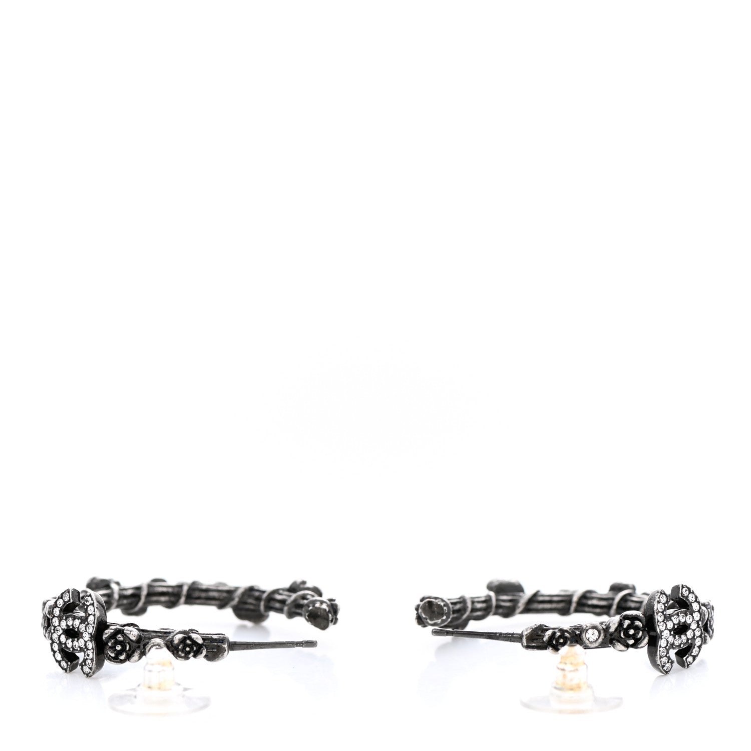 Chanel Crystal Camellia CC Hoop Earrings Ruthenium 3 of 5