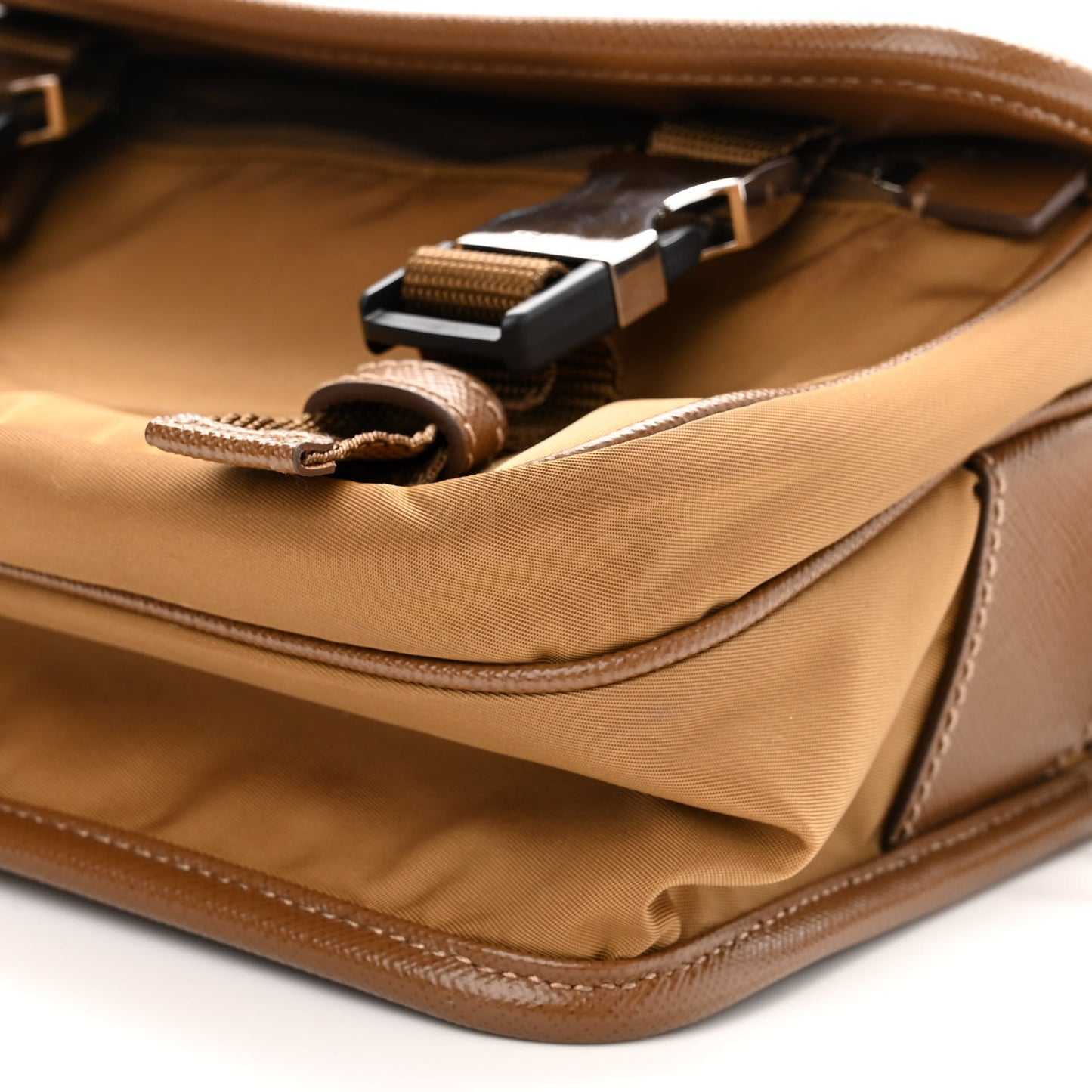Re-Nylon Saffiano Pocket Double Snap Buckle Shoulder Bag Tabacco