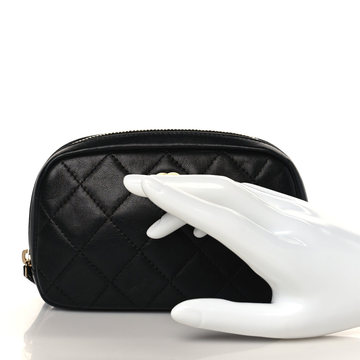 Lambskin Quilted Small Curvy Pouch Cosmetic Case Black
