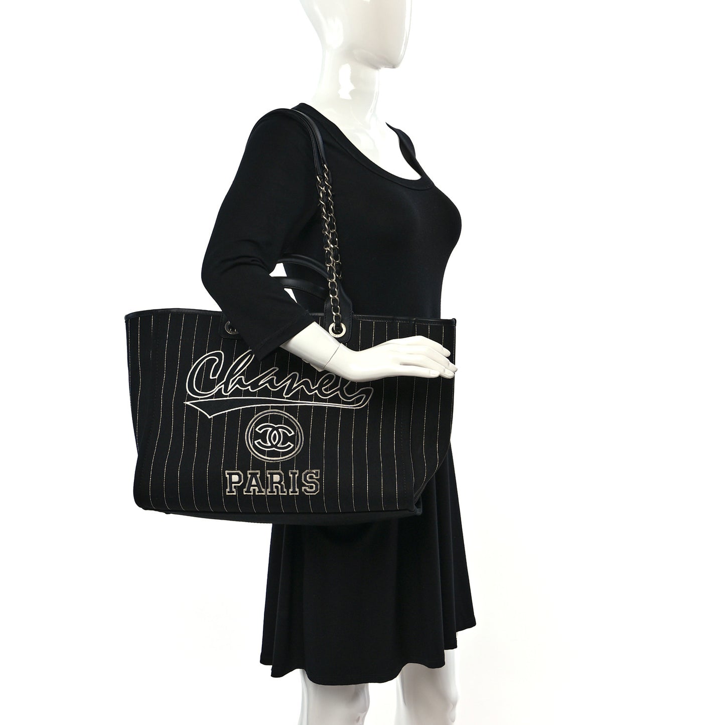 Canvas Calfskin Striped Medium Deauville Tote Black White