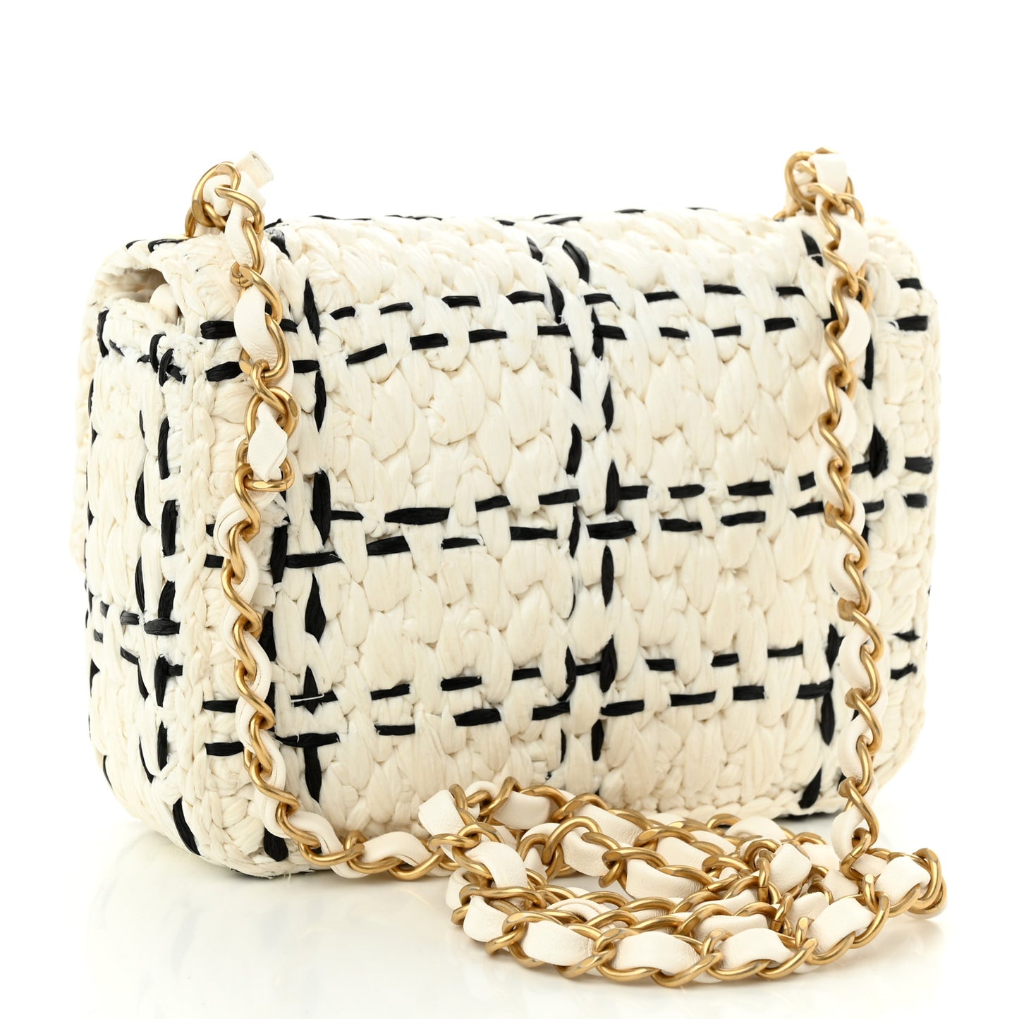 Raffia Effect Tweedy Mini Flap Bag White Black