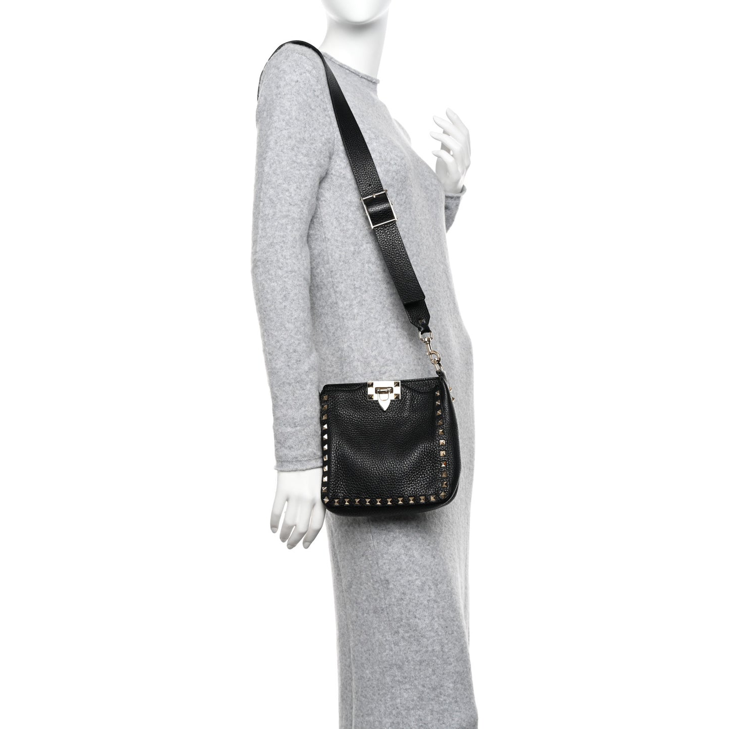 Pebbled Calfskin Mini Rockstud Flip-Lock Messenger Bag Black