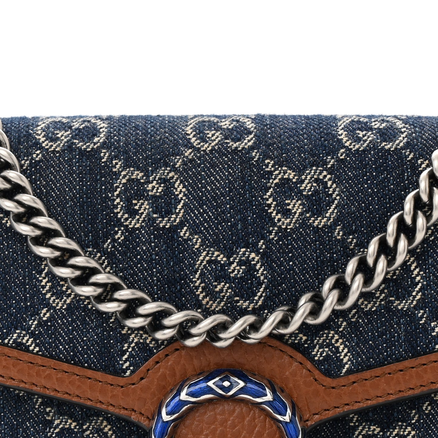 New Denim GG Monogram Dollar Calfskin Enamel Mini Dionysus Chain Wallet Blue Tea Cuir Epilog Electric Blue