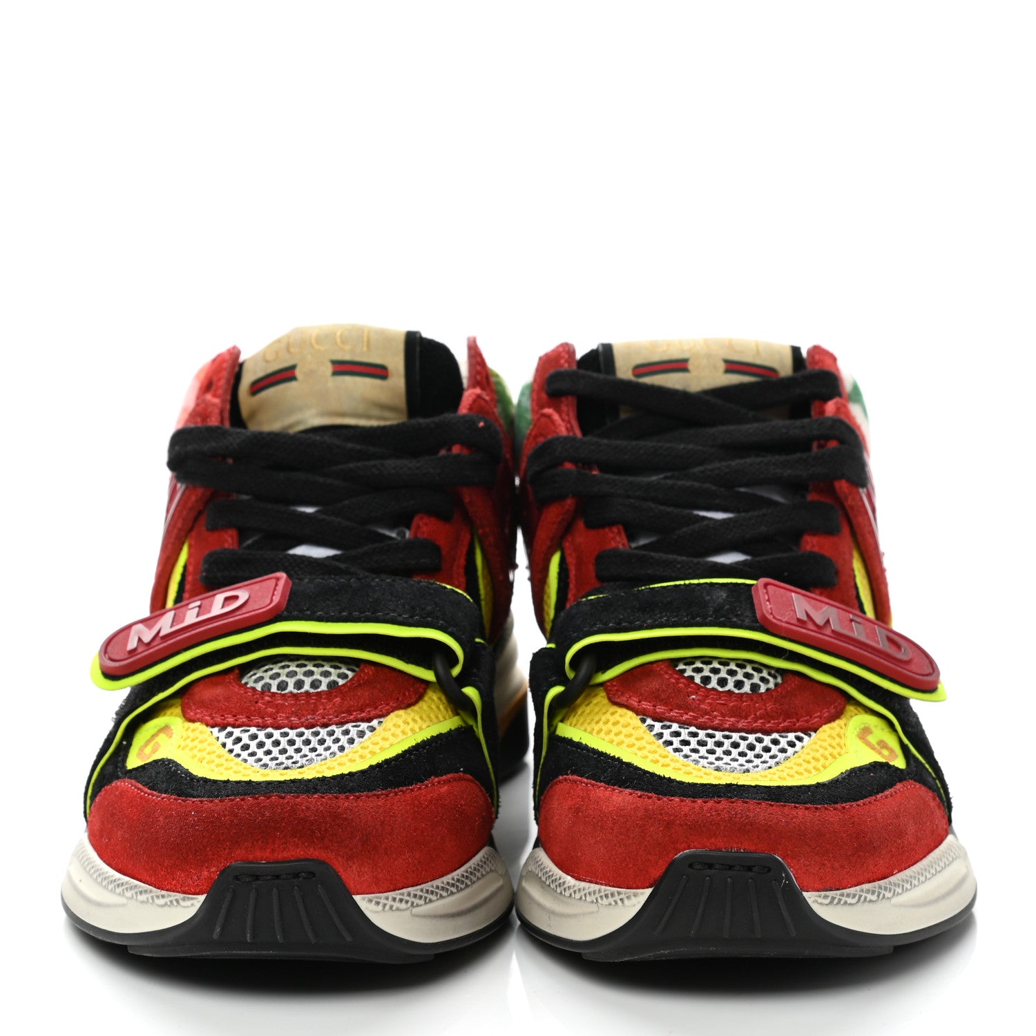Gucci Suede Calfskin Womens Ultrapace Mid Top Sneakers 35 Hibiscus Red Black Neon Yellow Yolk 2 of 7