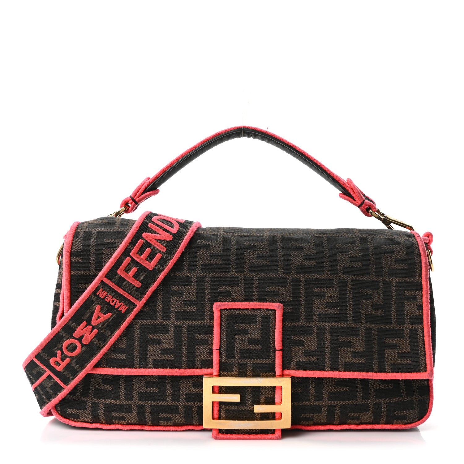 FENDI マフラ Fendi Fabric Jacquard FF 1974 Large Baguette Tobacco Moro Fuxia
