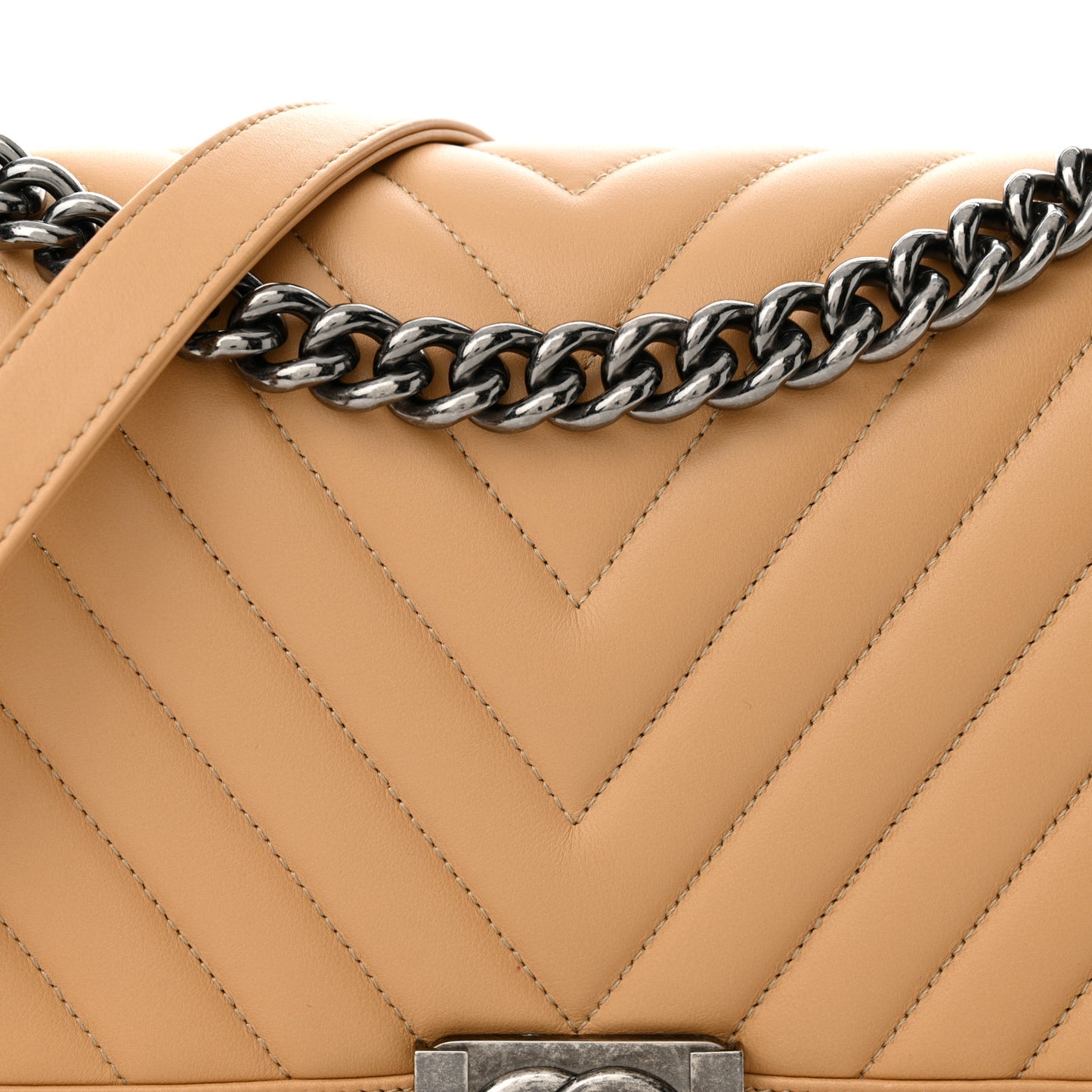 Calfskin Chevron Quilted New Medium Boy Flap Beige