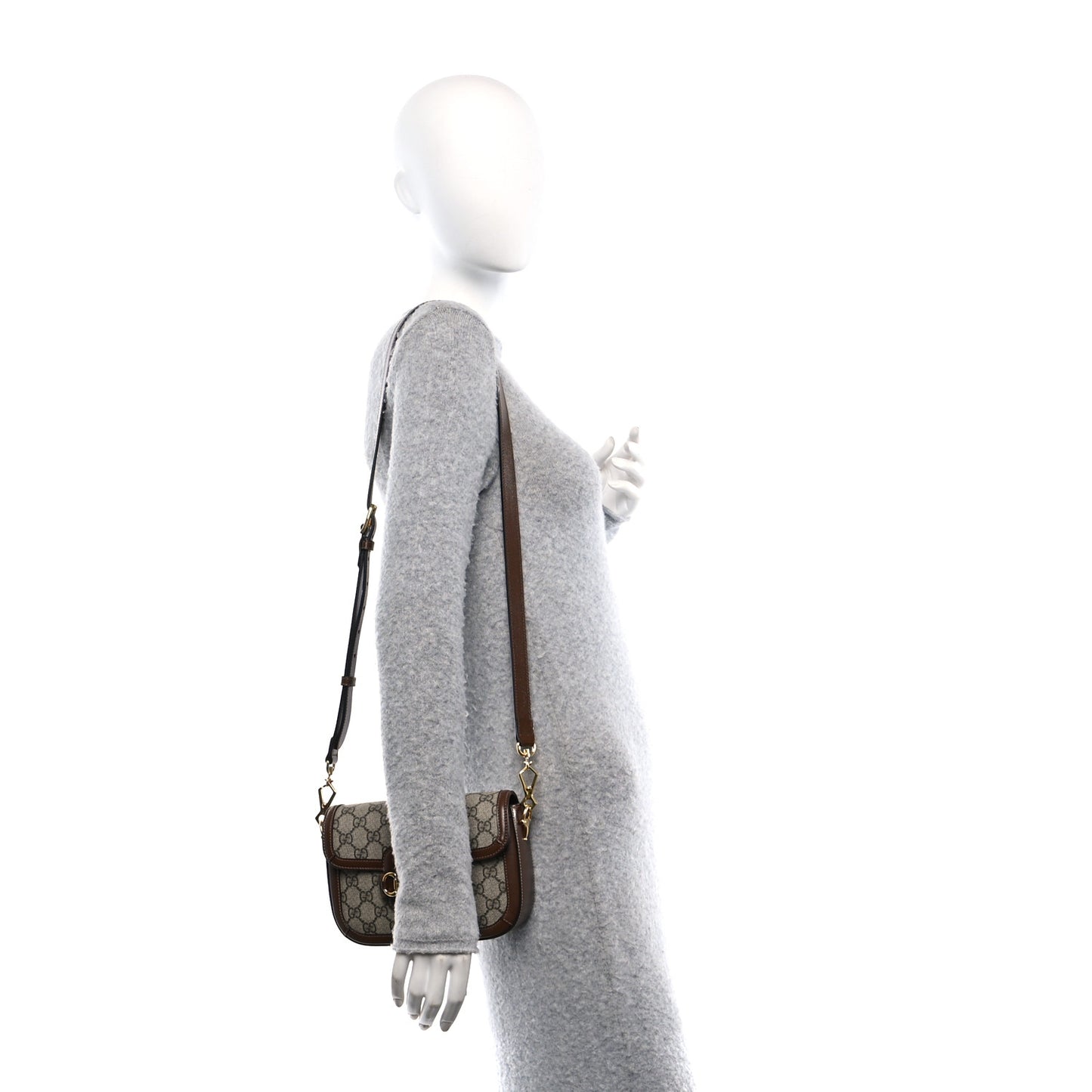GG Supreme Monogram Azalea Calfskin Web Mini Horsebit 1955 Shoulder Bag Beige Ebony Brown Sugar