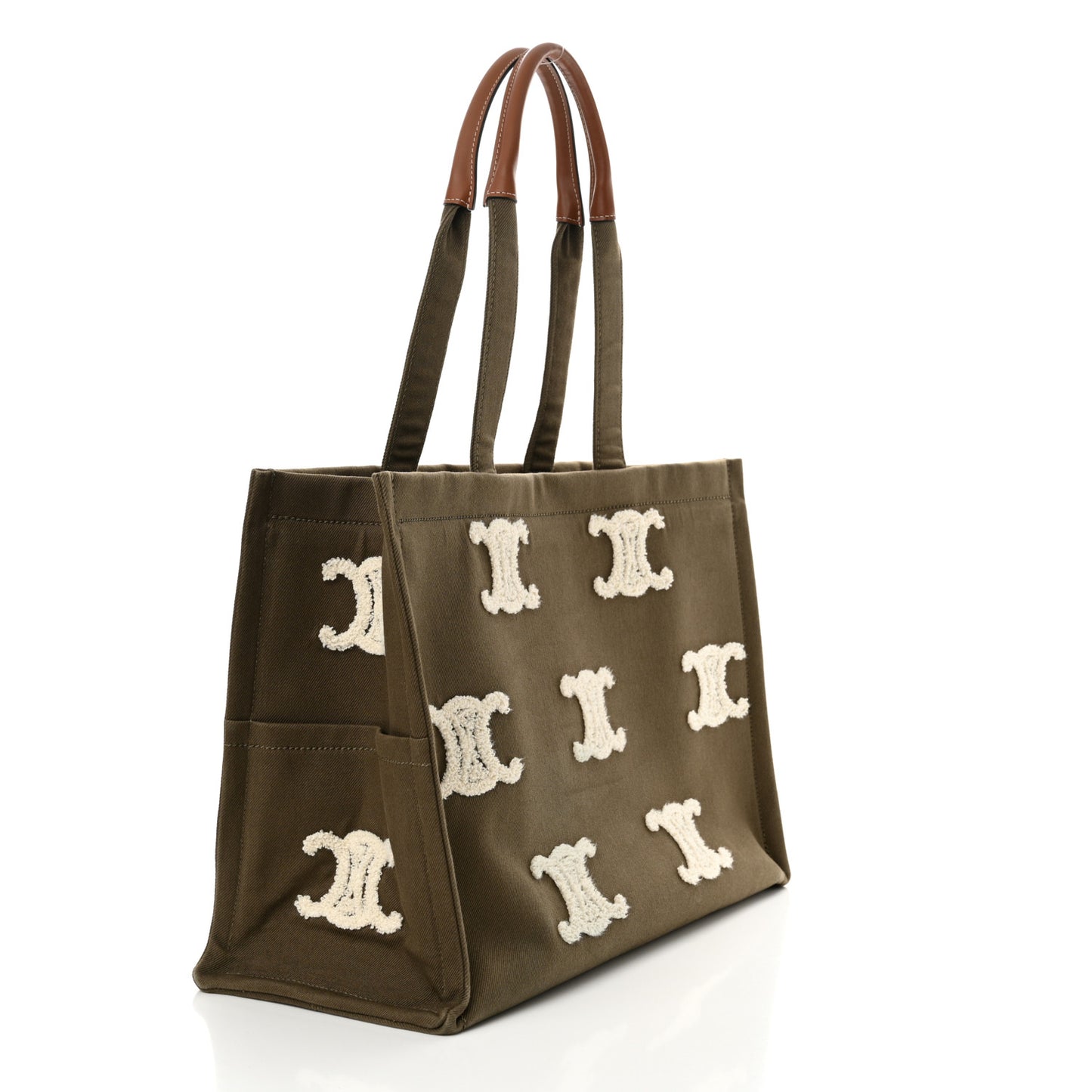Canvas Calfskin Embroidered Triomphe Large Cabas Thais Khaki Tan