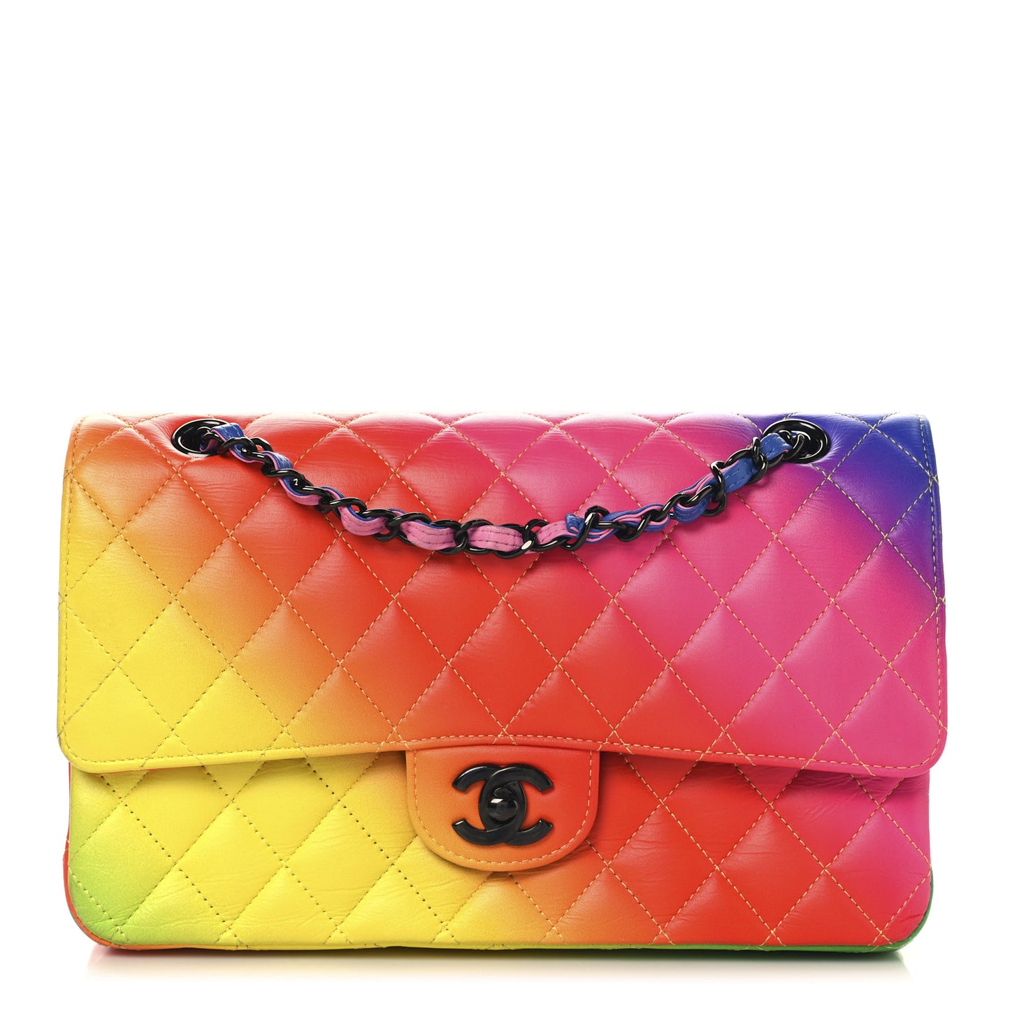 Calfskin Quilted Medium Rainbow Double Flap Multicolor